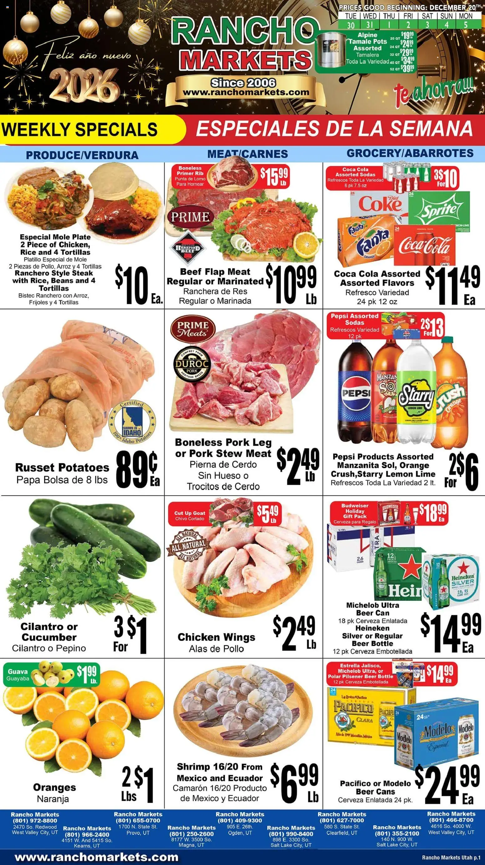 Rancho Markets Weekly Ad - valid from 30.12.2025 | Page: 1 | Products: Beer, Pork, Oranges, Lime