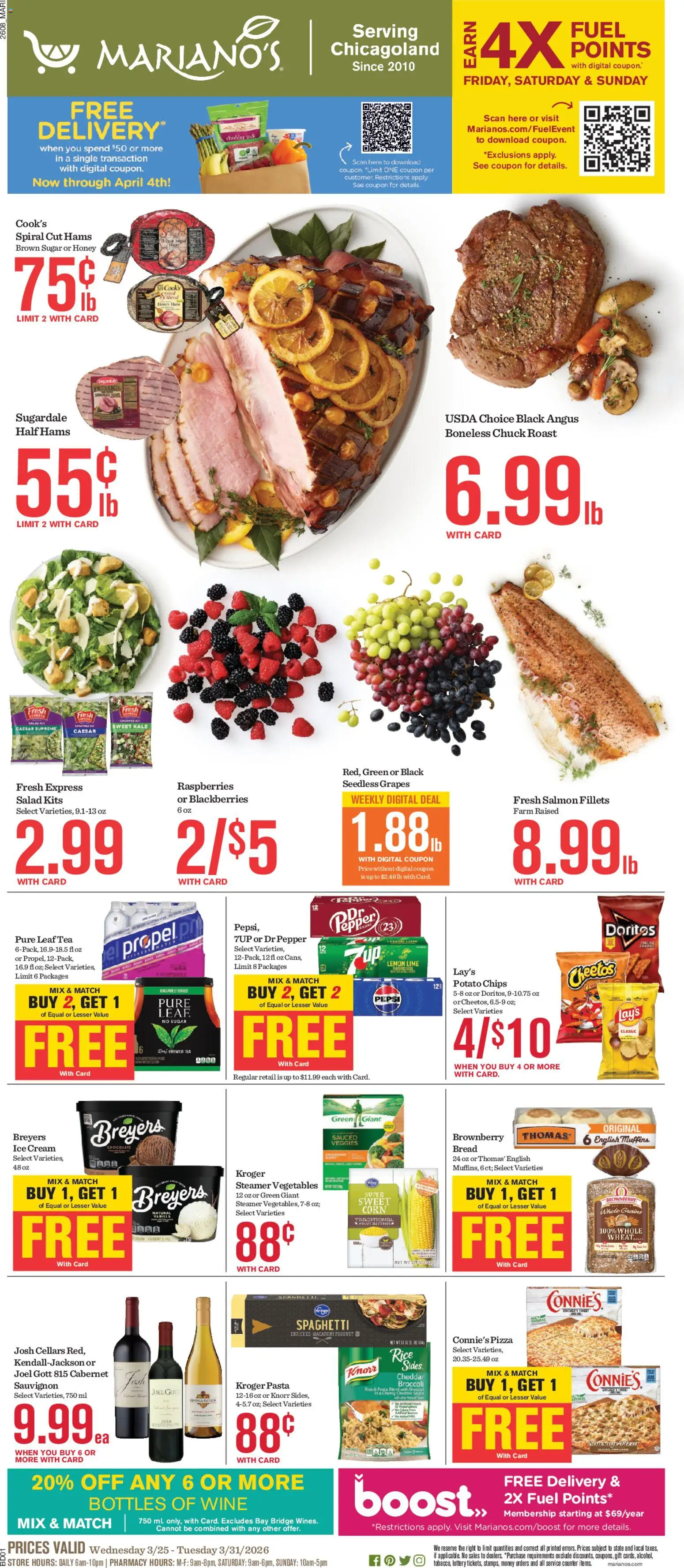 Mariano's Weekly Ad - valid from 25.03.2026 | Page: 1 | Products: Corn, Pizza, Tea, Pepper