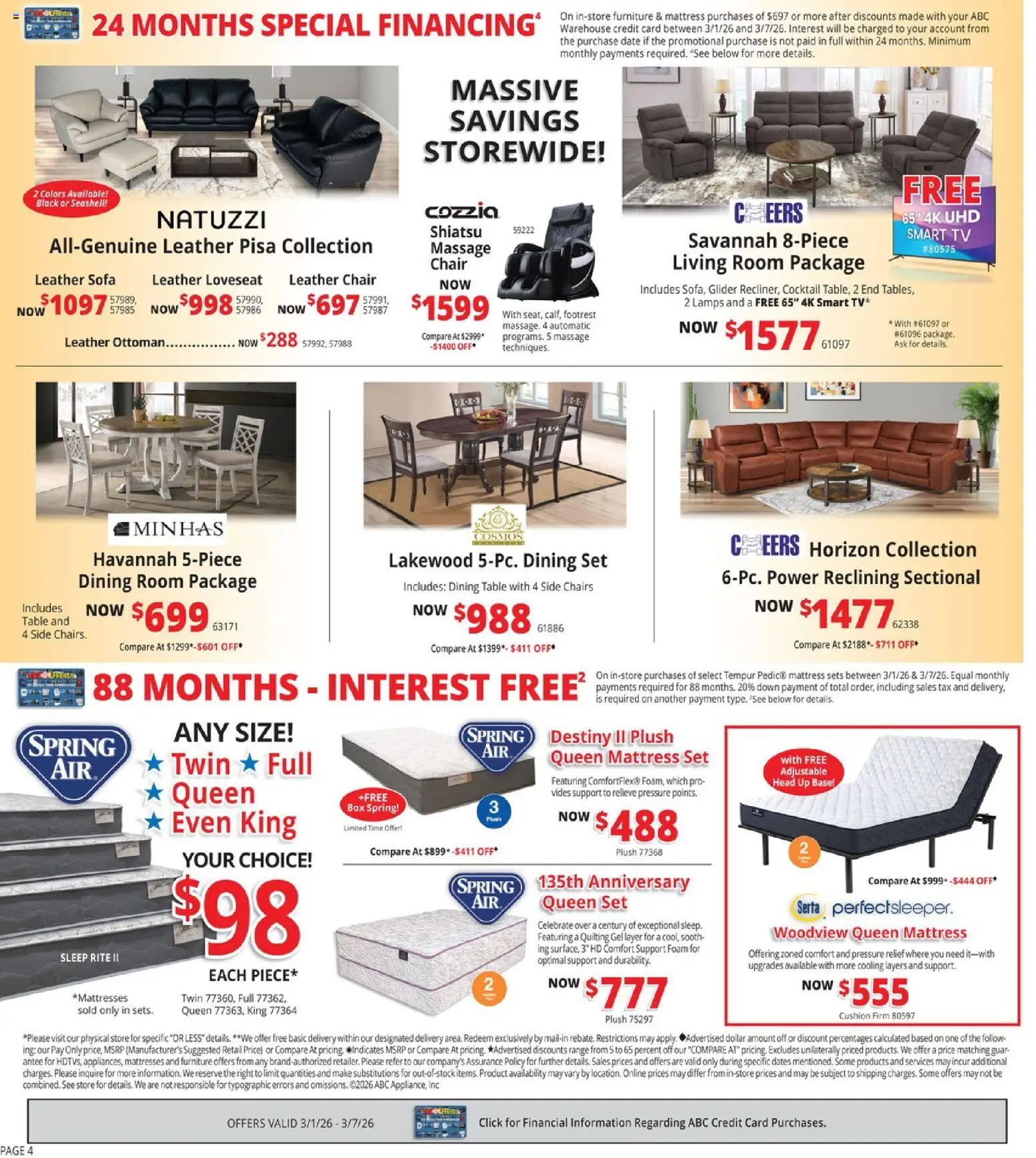 ABC Warehouse Weekly Ad - valid from 01.03.2026 | Page: 4 | Products: Ottoman, Sectional, Date, Tv
