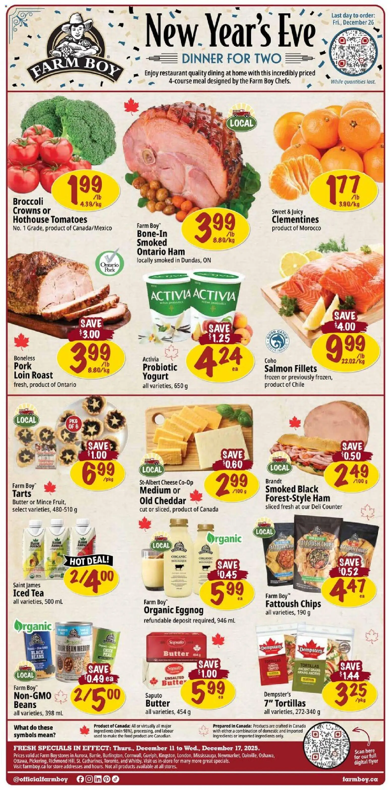 Farm Boy flyer valid from 11.12.2025 | Page: 1 | Products: Cheese, Yogurt, Ham, Tomatoes