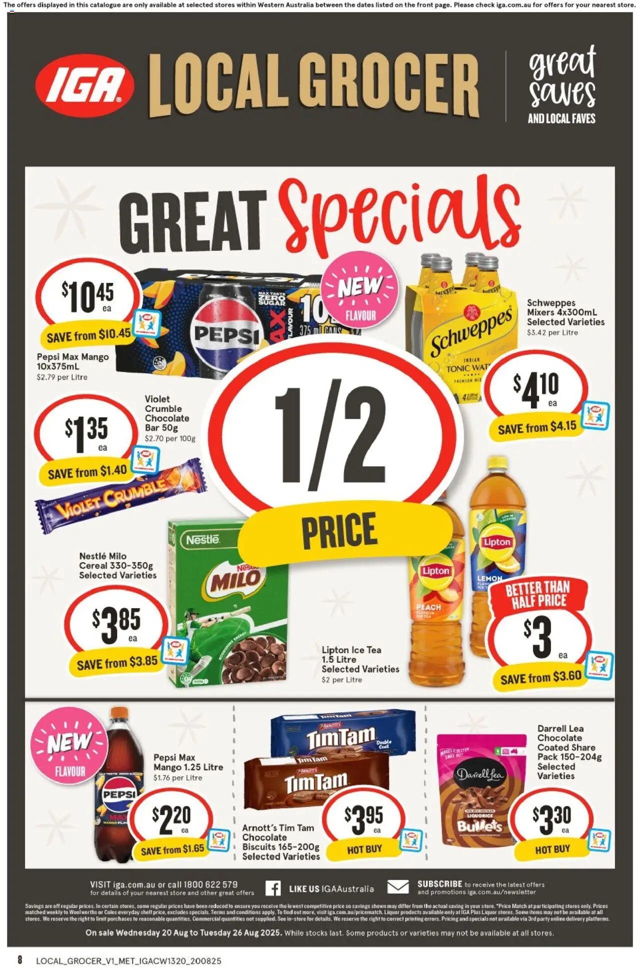 IGA catalogue - valid from 20.08.2025 | Page: 8 | Products: Shelf, Tea, Pepsi, Biscuits