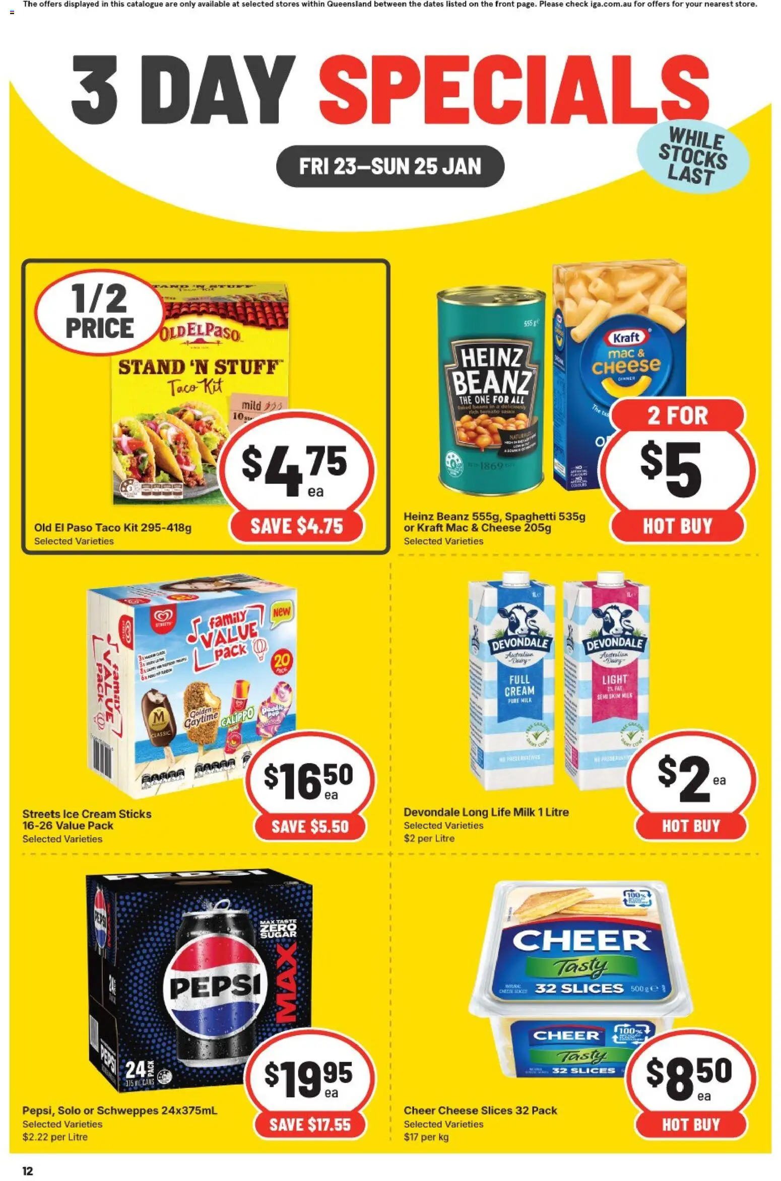 IGA catalogue - valid from 23.01.2026 | Page: 3 | Products: Milk, Cheese, Pepsi, Cream