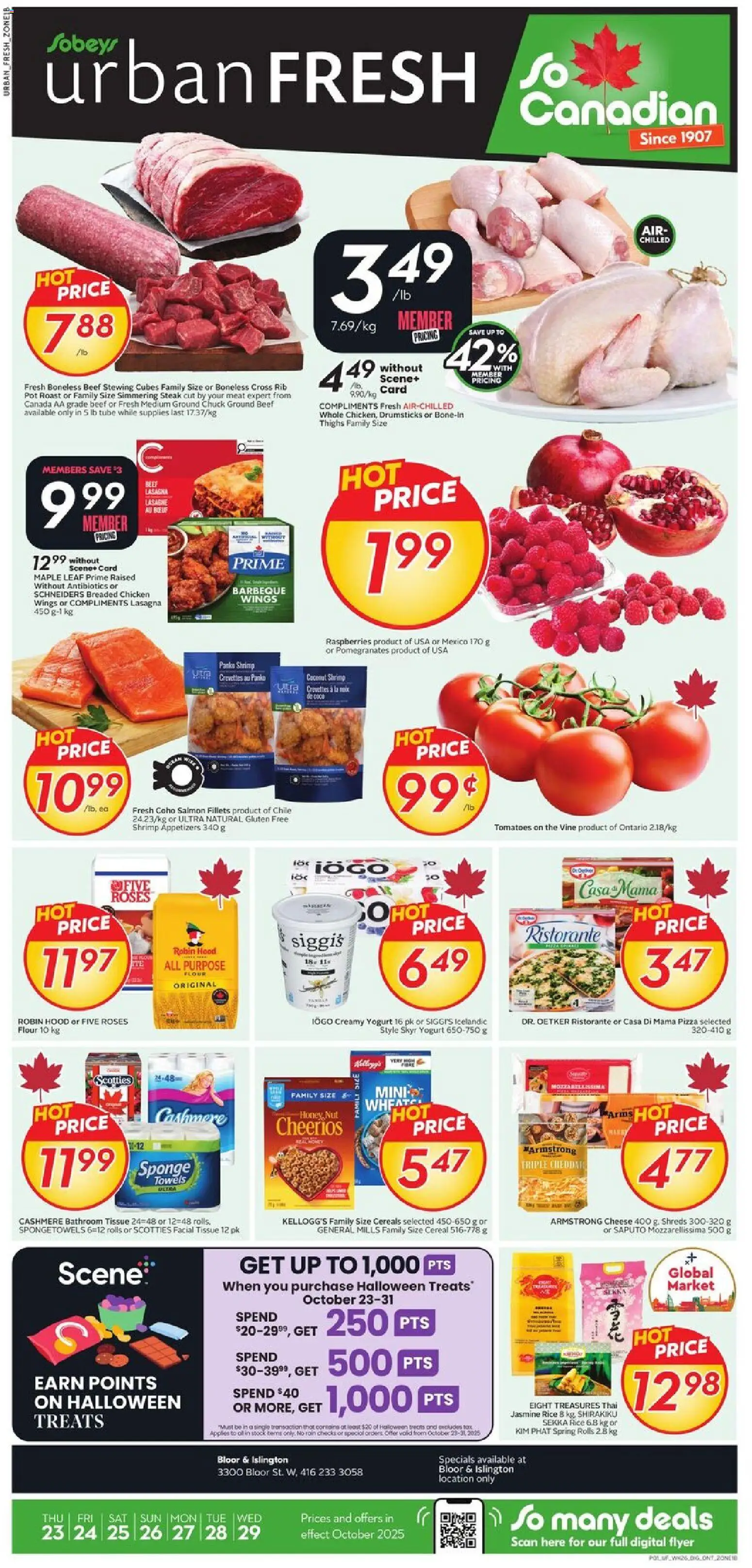 Sobeys flyer valid from 23.10.2025 | Page: 1 | Products: Rice, Yogurt, Chicken, Apples