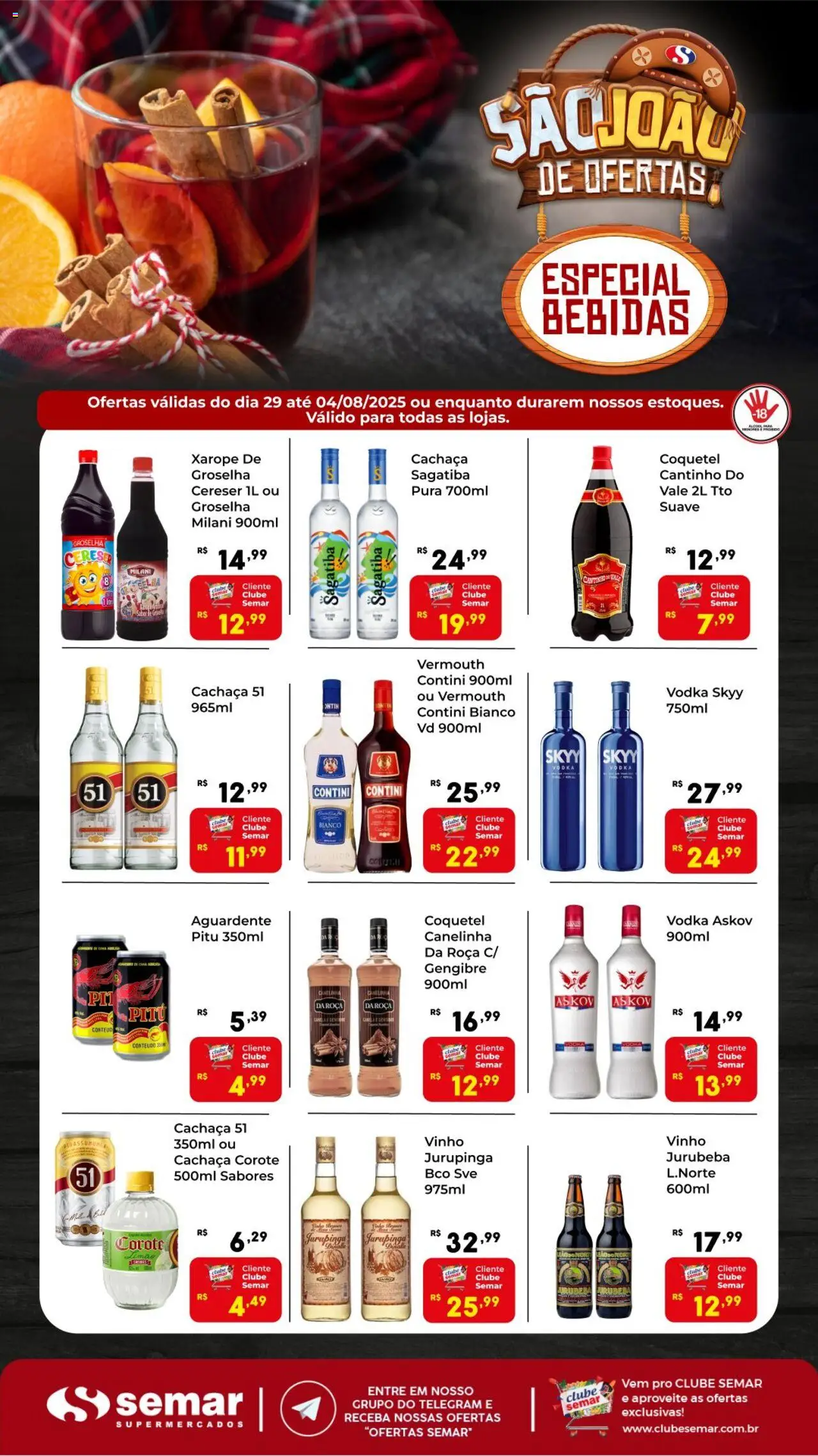 Semar Supermercado Folheto - válido de 29.07.2025 | Página: 1 | Produtos: Cachaça, Xarope, Vodka, Cachaça 51
