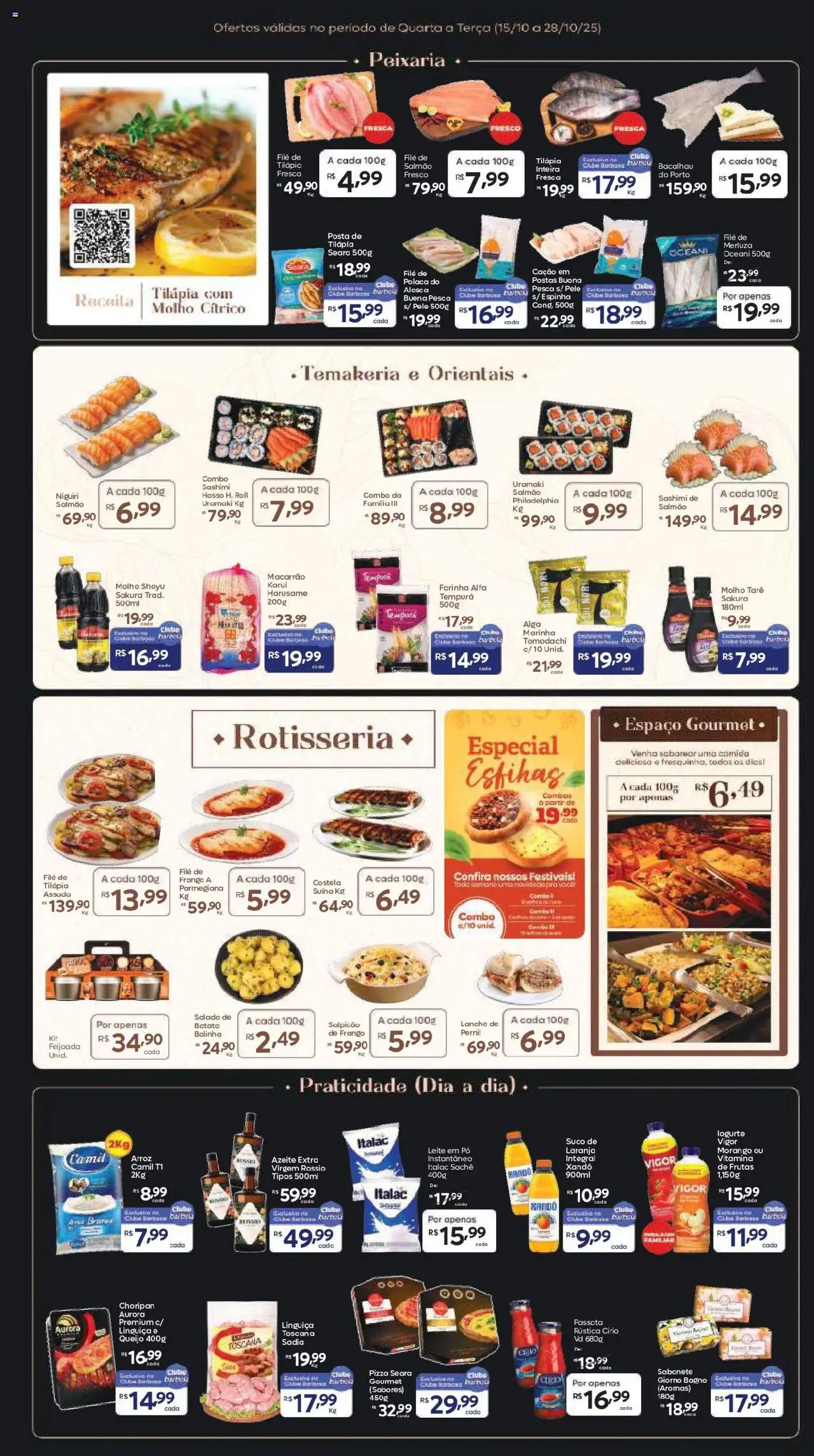 Barbosa Supermercados Folheto - válido de 15.10.2025 | Página: 3 | Produtos: Linguiça, Filé de frango, Queijo, Pizza