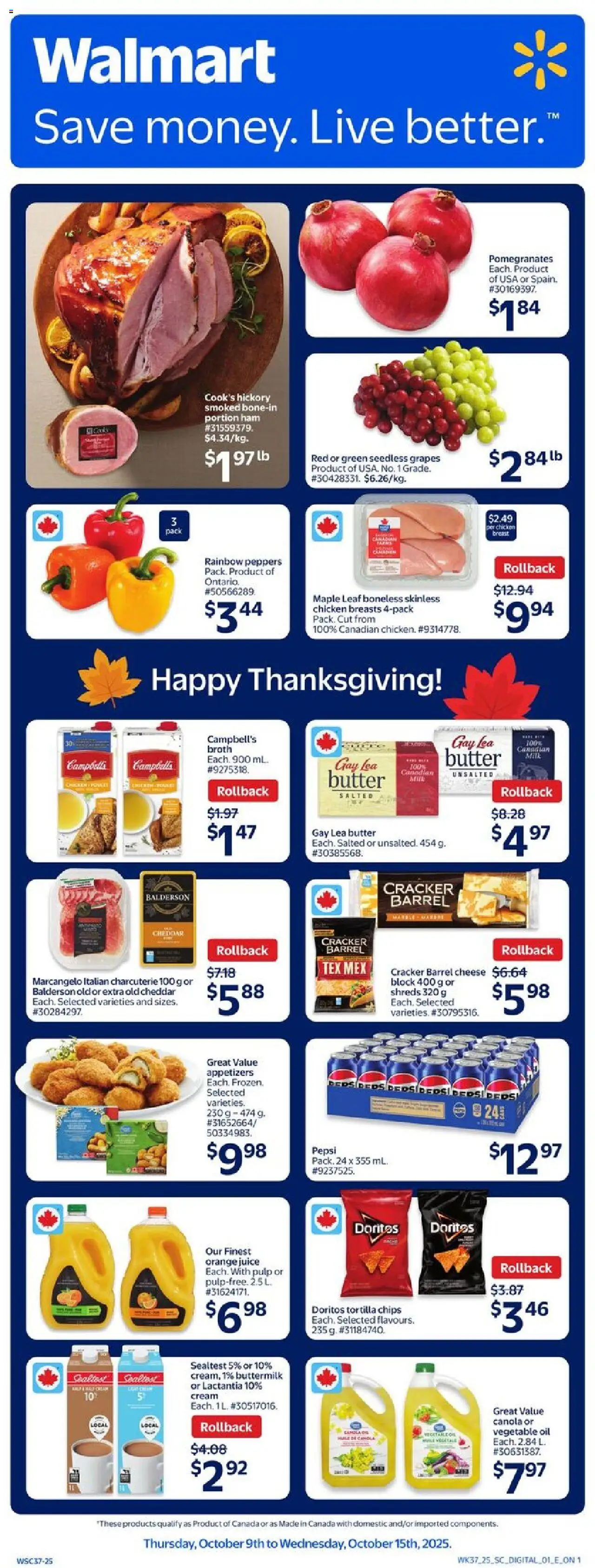 Walmart flyer valid from 09.10.2025 | Page: 1 | Products: Butter, Cheese, Ham, Juice