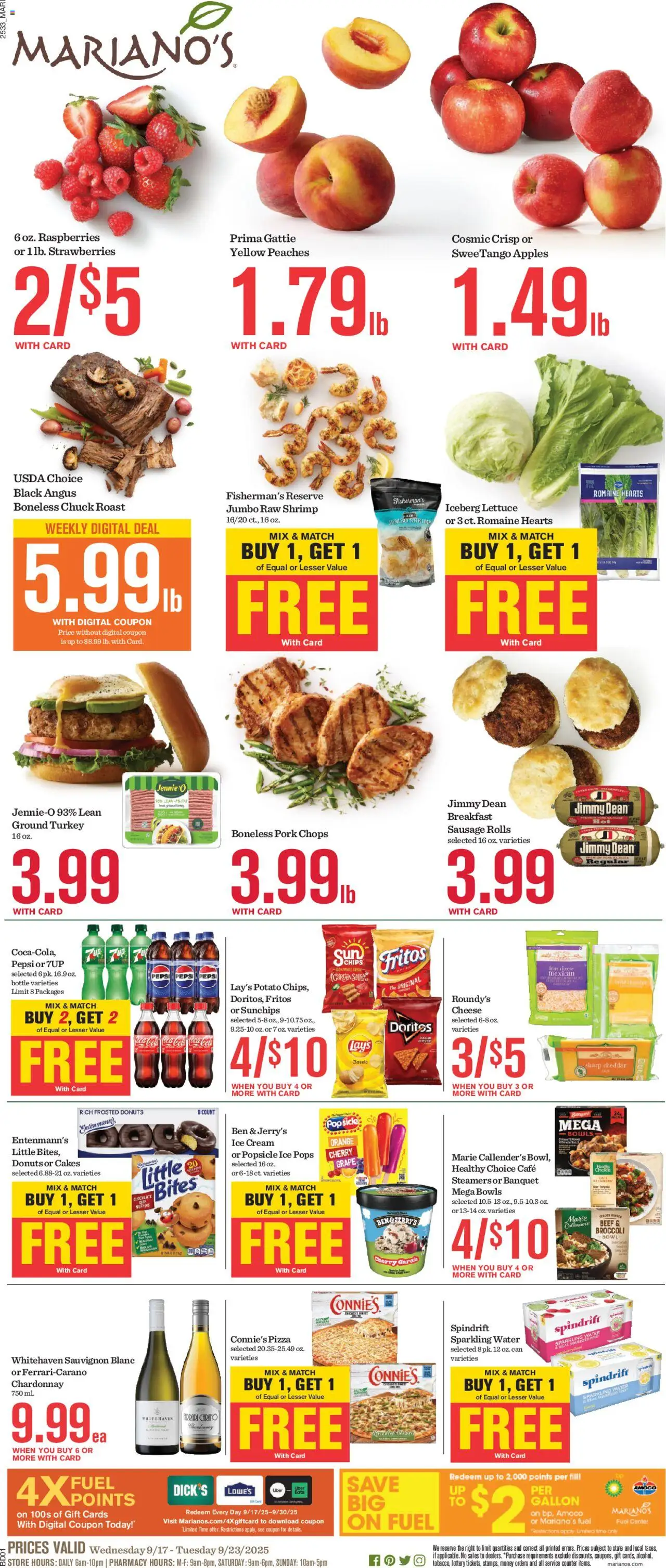 Mariano's Weekly Ad - valid from 17.09.2025 | Page: 1 | Products: Romaine, Pizza, Strawberries, Ice cream