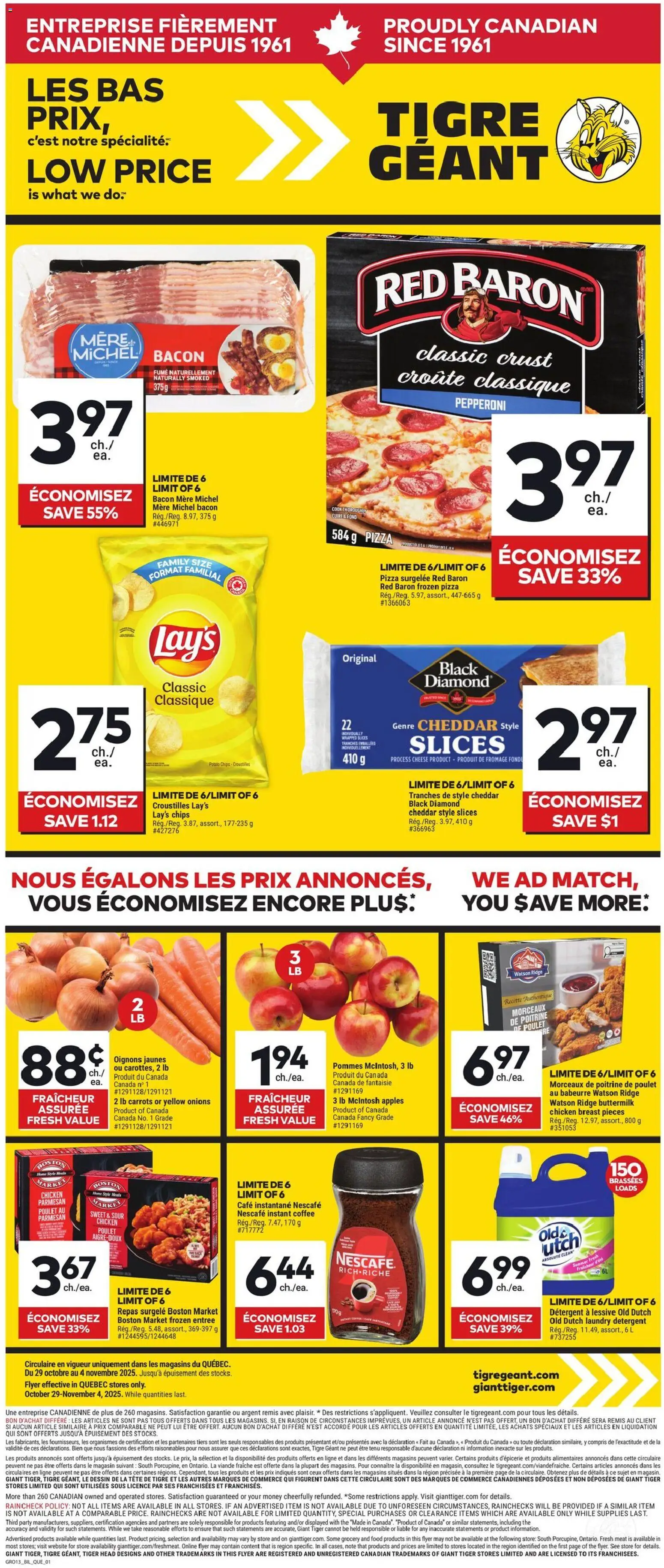 Giant Tiger flyer valid from 29.10.2025 | Page: 1 | Products: Cheese, Coffee, Pizza, Chicken