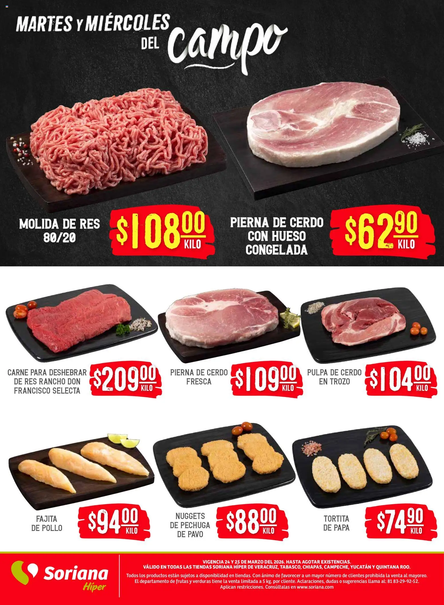 Nuevas ofertas de Soriana válidas en toda la República Mexicana desde el 24.03.2026. ¡Encuentra las mejores ofertas en Soriana Martes y Miércoles del Campo Híper: Ver, Tab, Chis, Camp, Yuc y Q. Roo! | Página: 5 | Productos: Pollo, Papa, Cerdo, Res