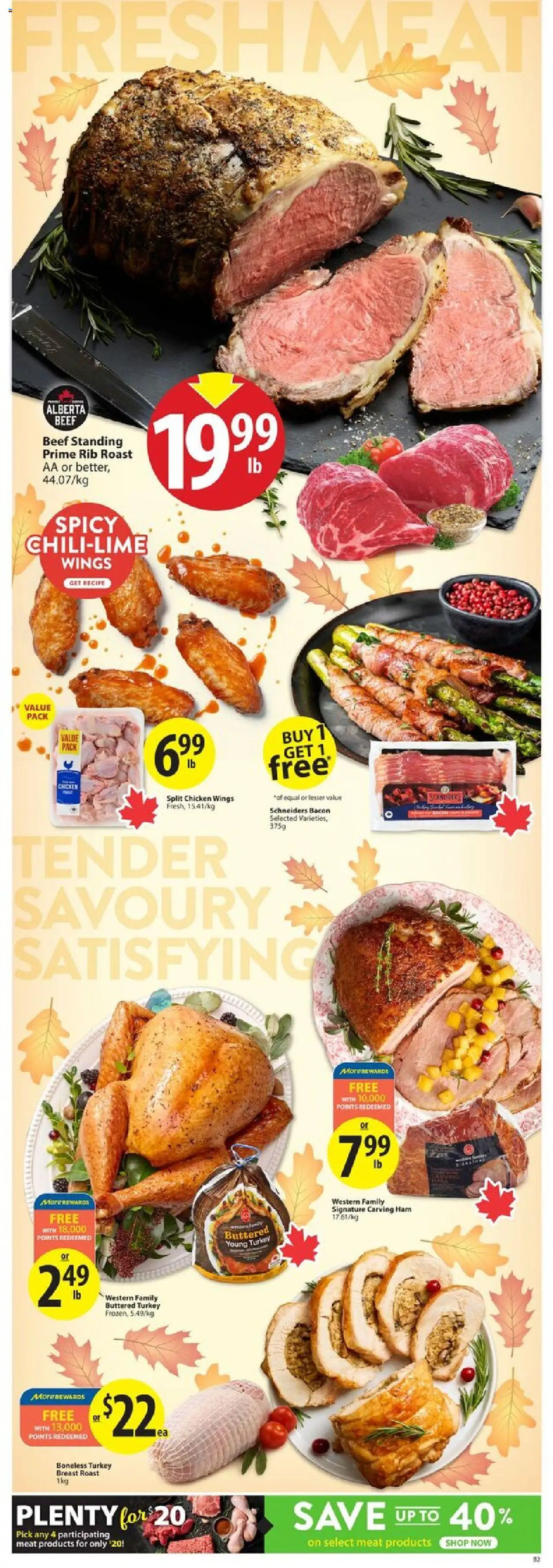 Save on foods flyer valid from 02.10.2025 | Page: 8 | Products: Beef, Chicken wings, Turkey, Ham