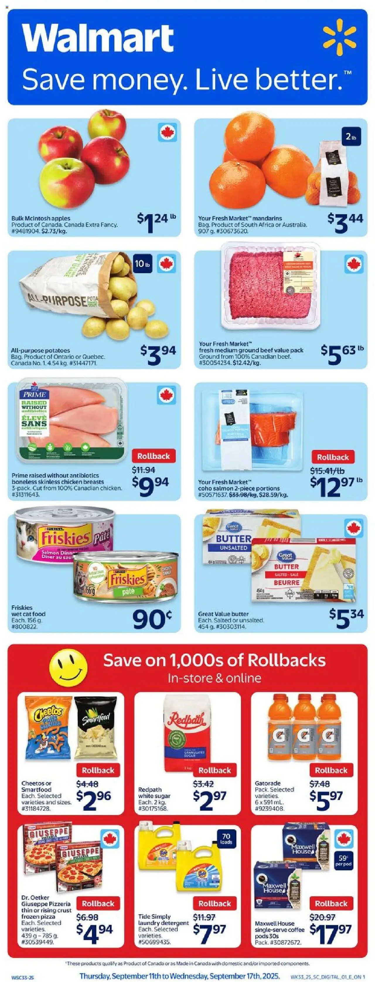Walmart flyer valid from 11.09.2025 | Page: 1 | Products: Beef, Coffee, Chicken, Apples