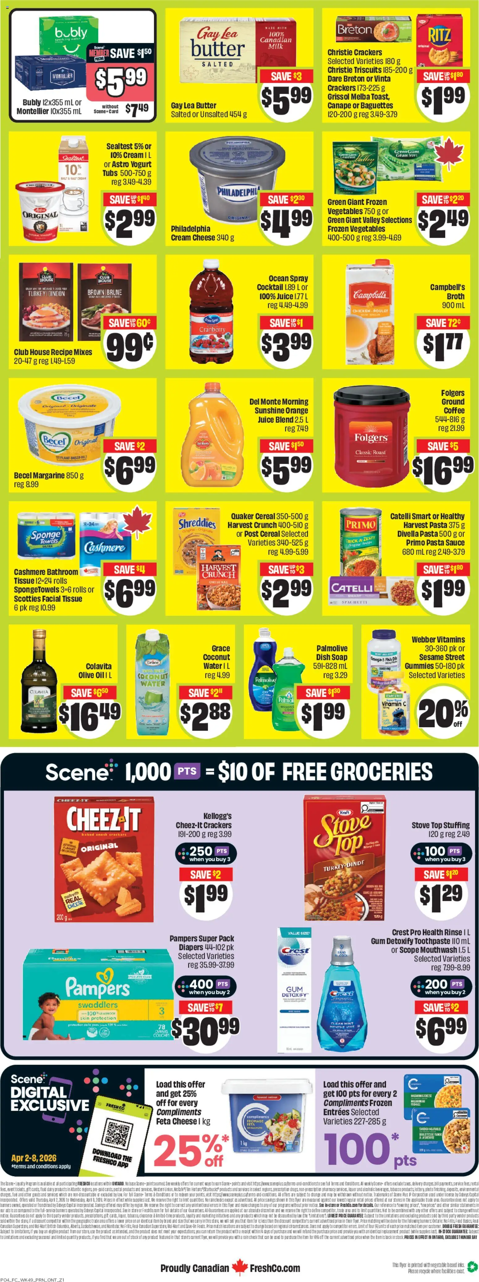 FreshCo flyer valid from 02.04.2026 | Page: 2 | Products: Sponge, Milk, Cheese, Coffee