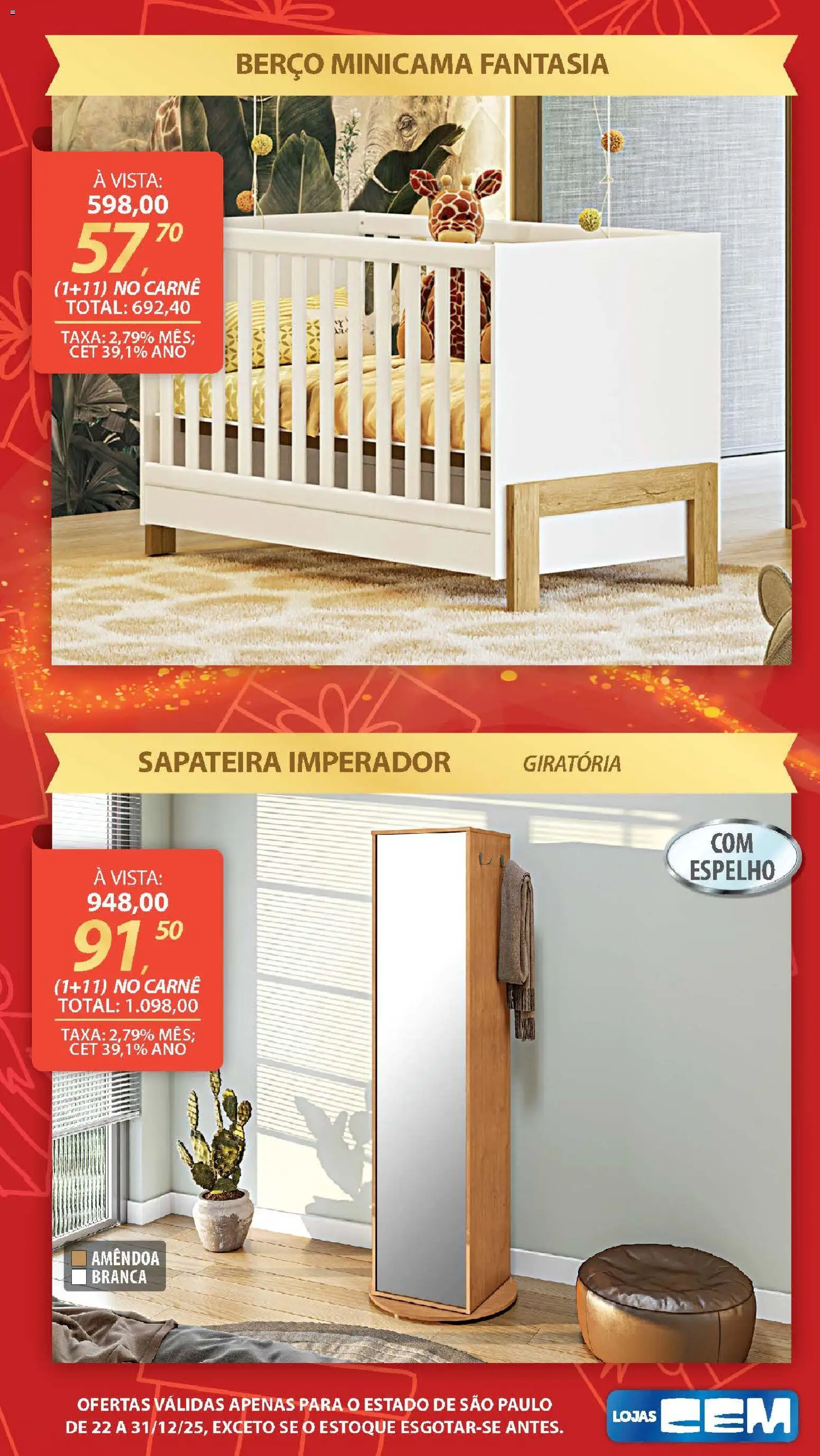 Lojas Cem Folheto - válido de 22.12.2025 | Página: 104 | Produtos: Sapateira, Espelho, Berço, Carne