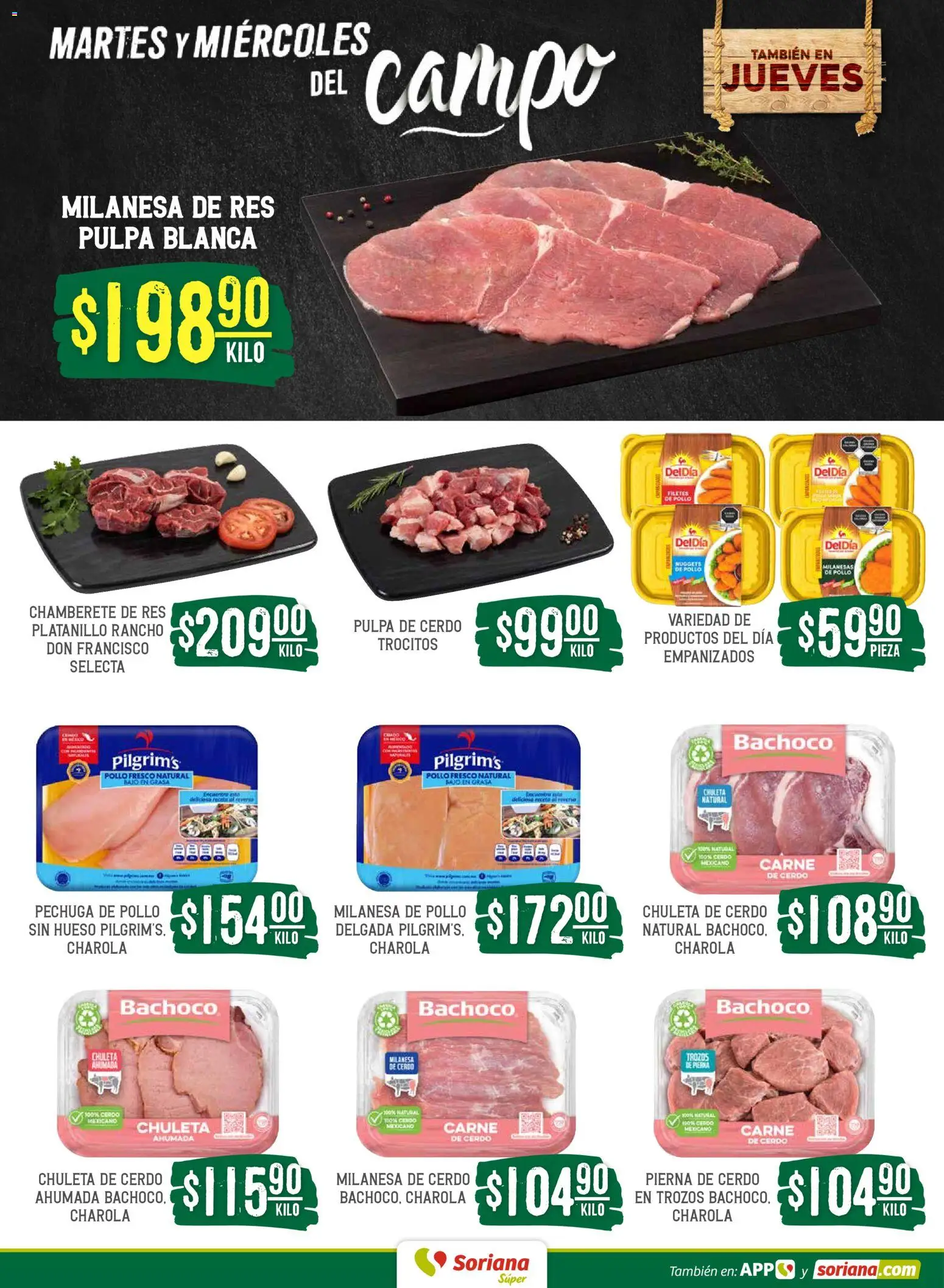 Nuevas ofertas de Soriana válidas en toda la República Mexicana desde el 28.04.2026. ¡Encuentra las mejores ofertas en Soriana Martes y Miércoles del Campo Súper: Chih, Delicias, Dur y Coah (excepto Saltillo)! | Página: 4 | Productos: Pollo, Milanesa, Cerdo, Res