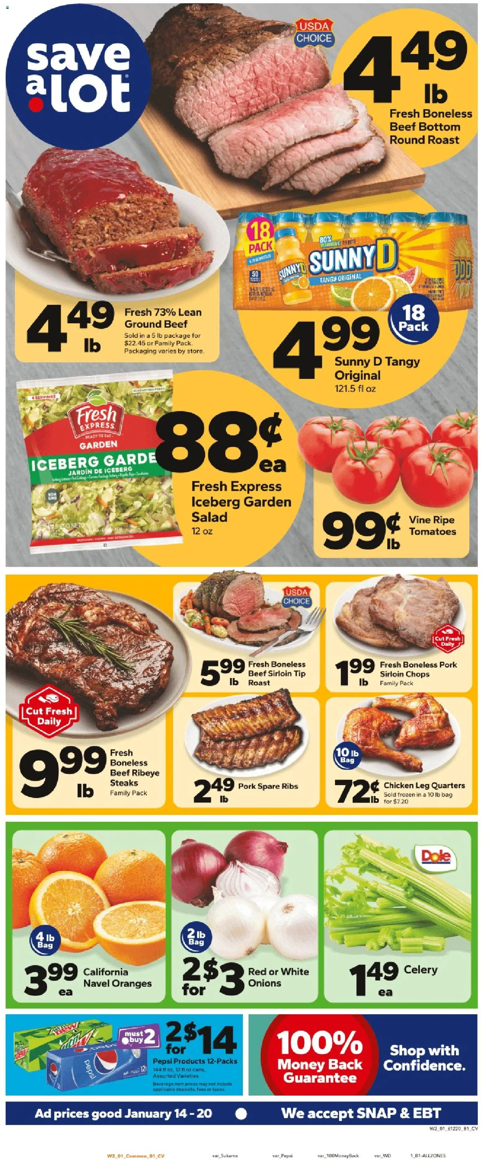 Save a Lot Weekly Ad - valid from 14.01.2026 | Page: 1 | Products: Tomatoes, Beef, Salad, Bag