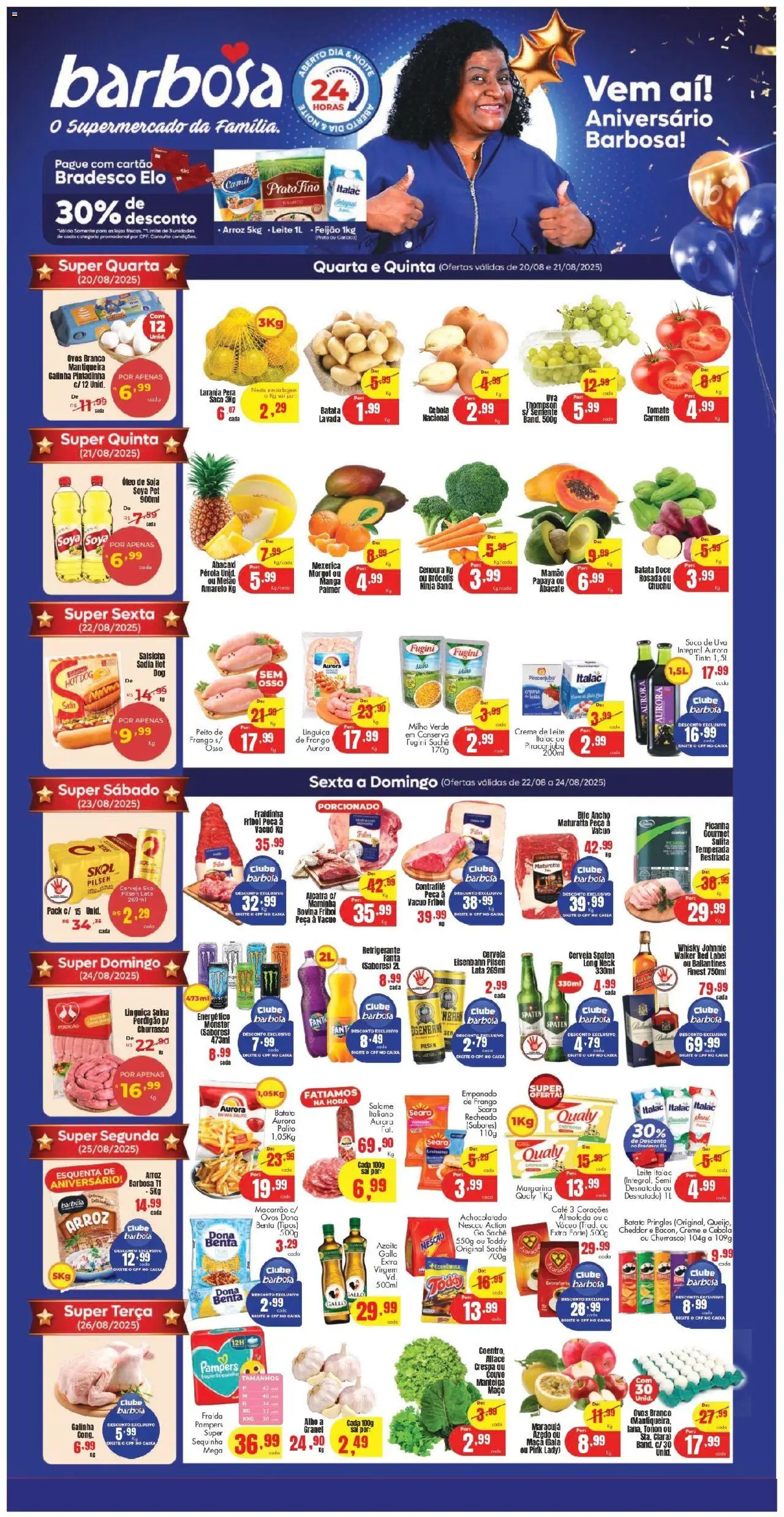 Barbosa Supermercados Folheto - válido de 20.08.2025 | Página: 1 | Produtos: Picanha, Salame, Macarrão, Soja