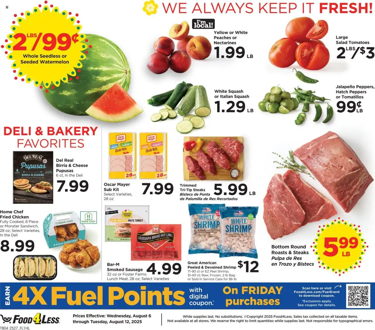 Food 4 Less Weekly Ad - valid from 06.08.2025 | Page: 6 | Products: Bakery, Peaches, Sausage, Watermelon