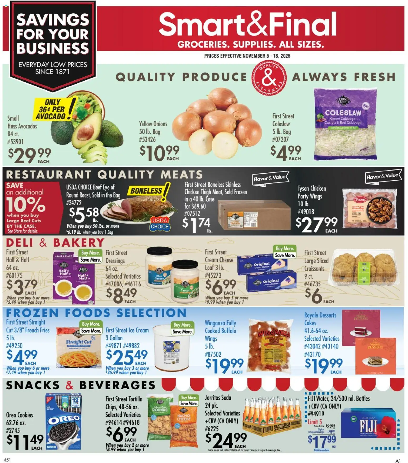 Smart & Final Business & Club Savings - valid from 05.11.2025 | Page: 1 | Products: Bakery, Cheese, Peach, Cabbage