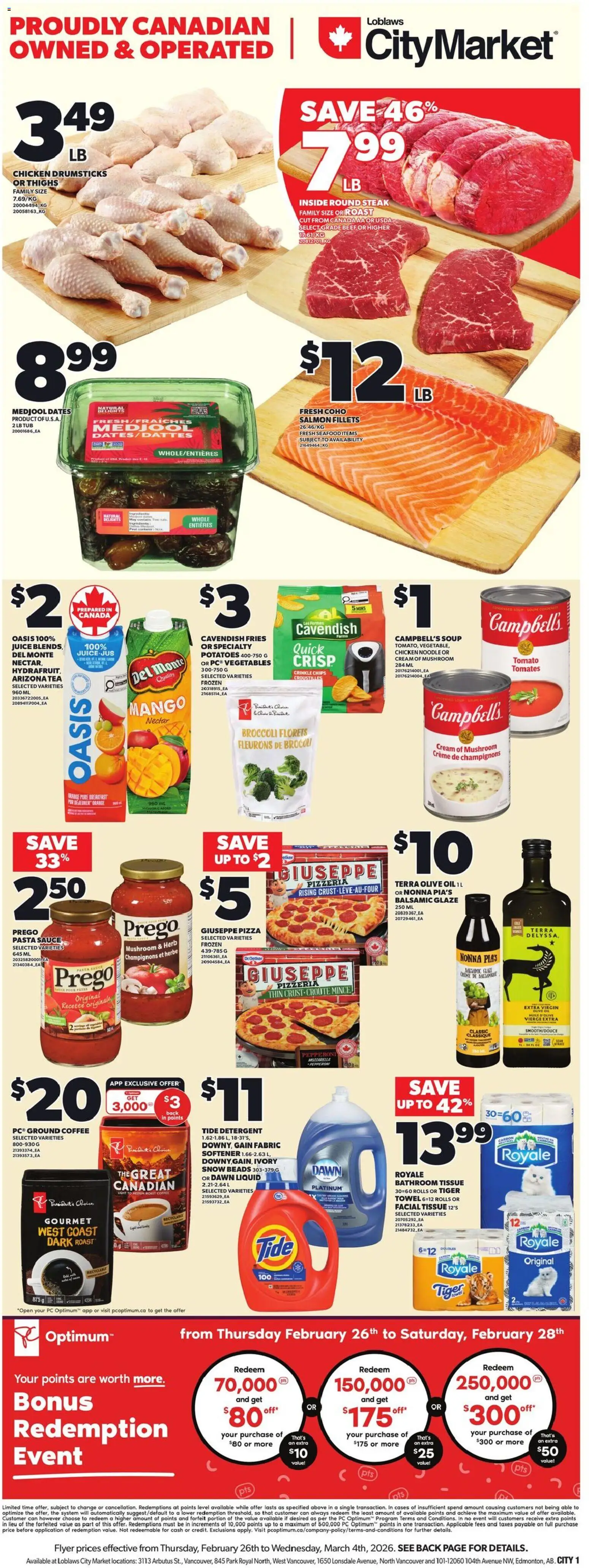 Loblaws flyer valid from 26.02.2026 | Page: 3 | Products: Beef, Oil, Coffee, Pizza