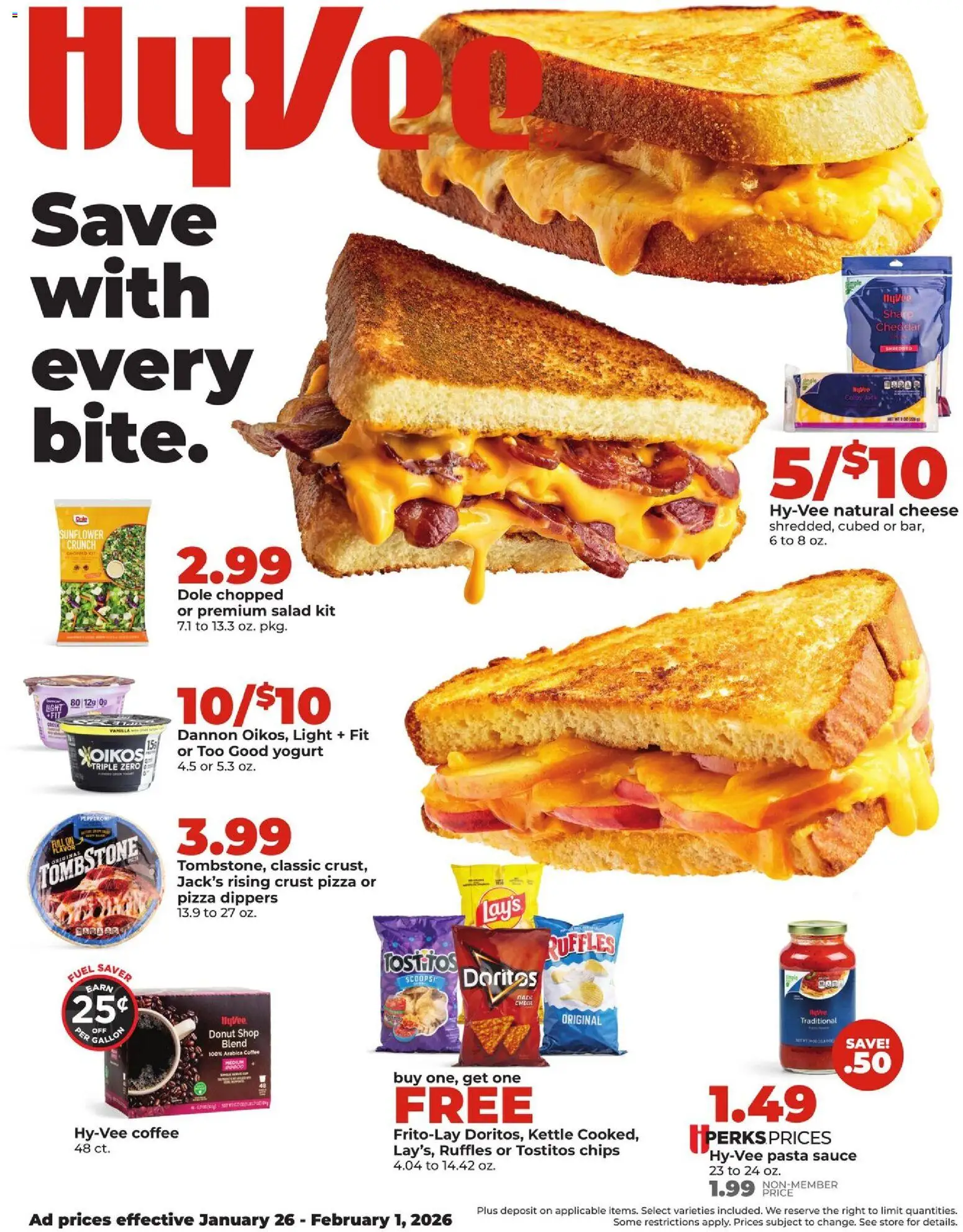 HyVee Weekly Ad - valid from 26.01.2026 | Page: 1 | Products: Cheese, Coffee, Pasta, Chips