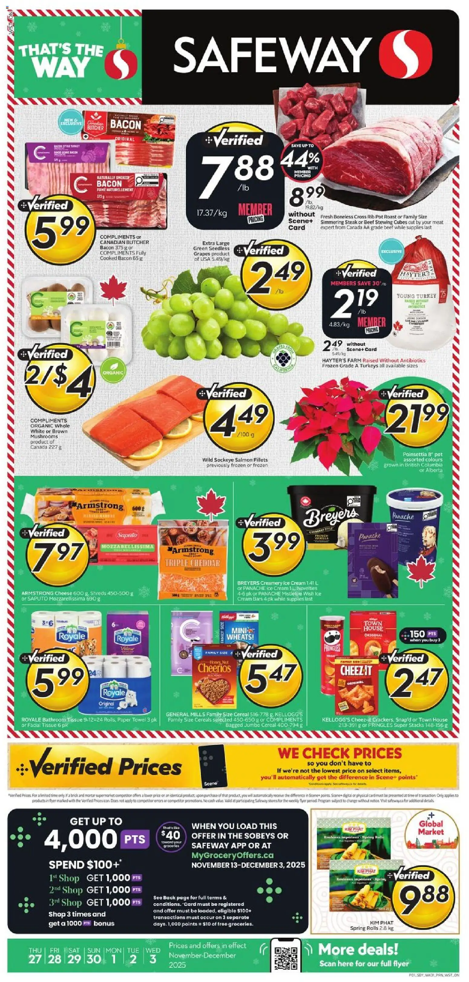 Safeway flyer valid from 27.11.2025 | Page: 3 | Products: Beef, Cereals, Turkey, Cheese