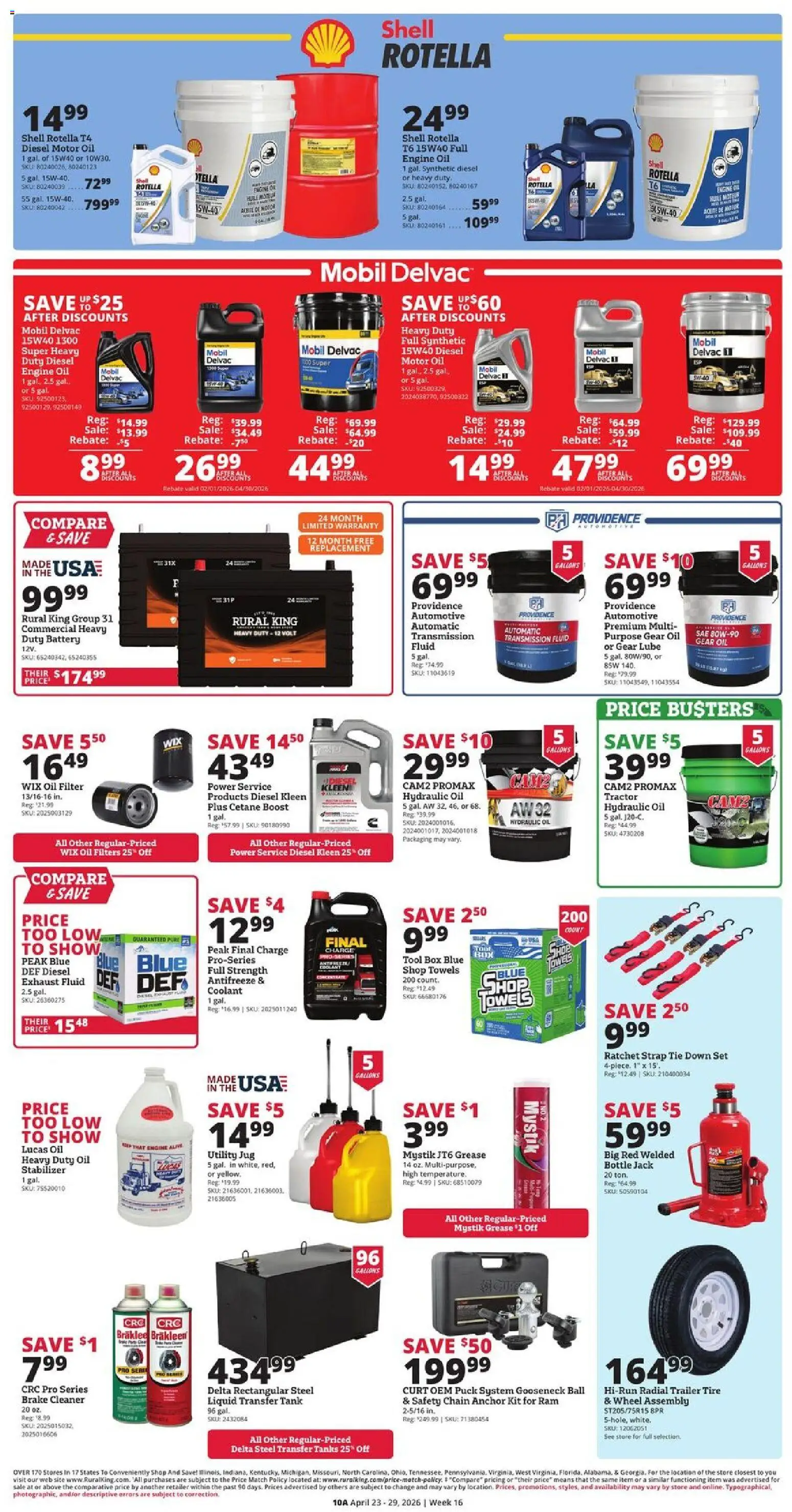 Rural King Weekly Ad - valid from 23.04.2026 | Page: 10 | Products: Battery, Oil filter, Antifreeze, Motor Oil