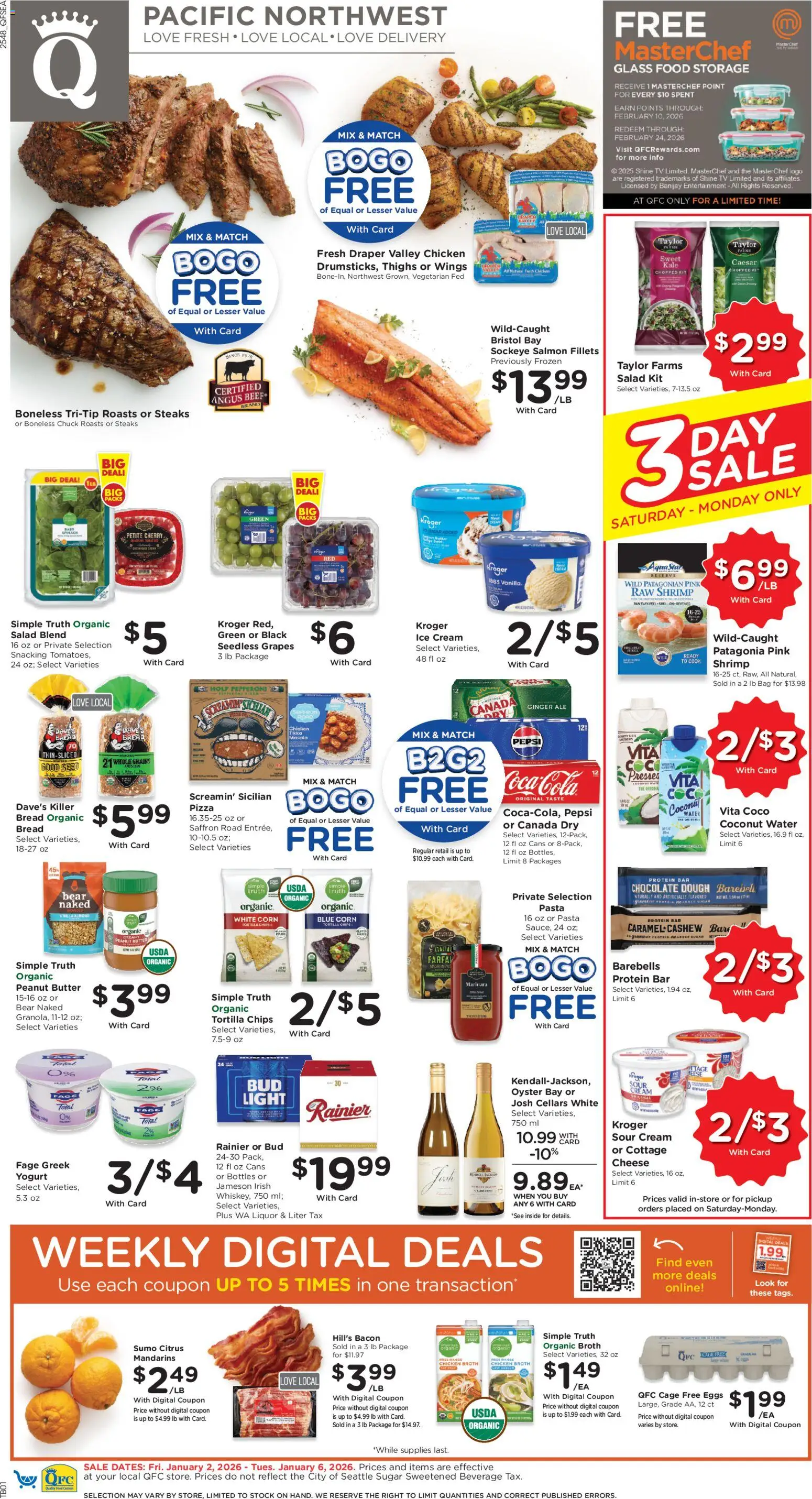 QFC Weekly Ad - valid from 02.01.2026 | Page: 1 | Products: Mandarins, Yogurt, Tv, Bag