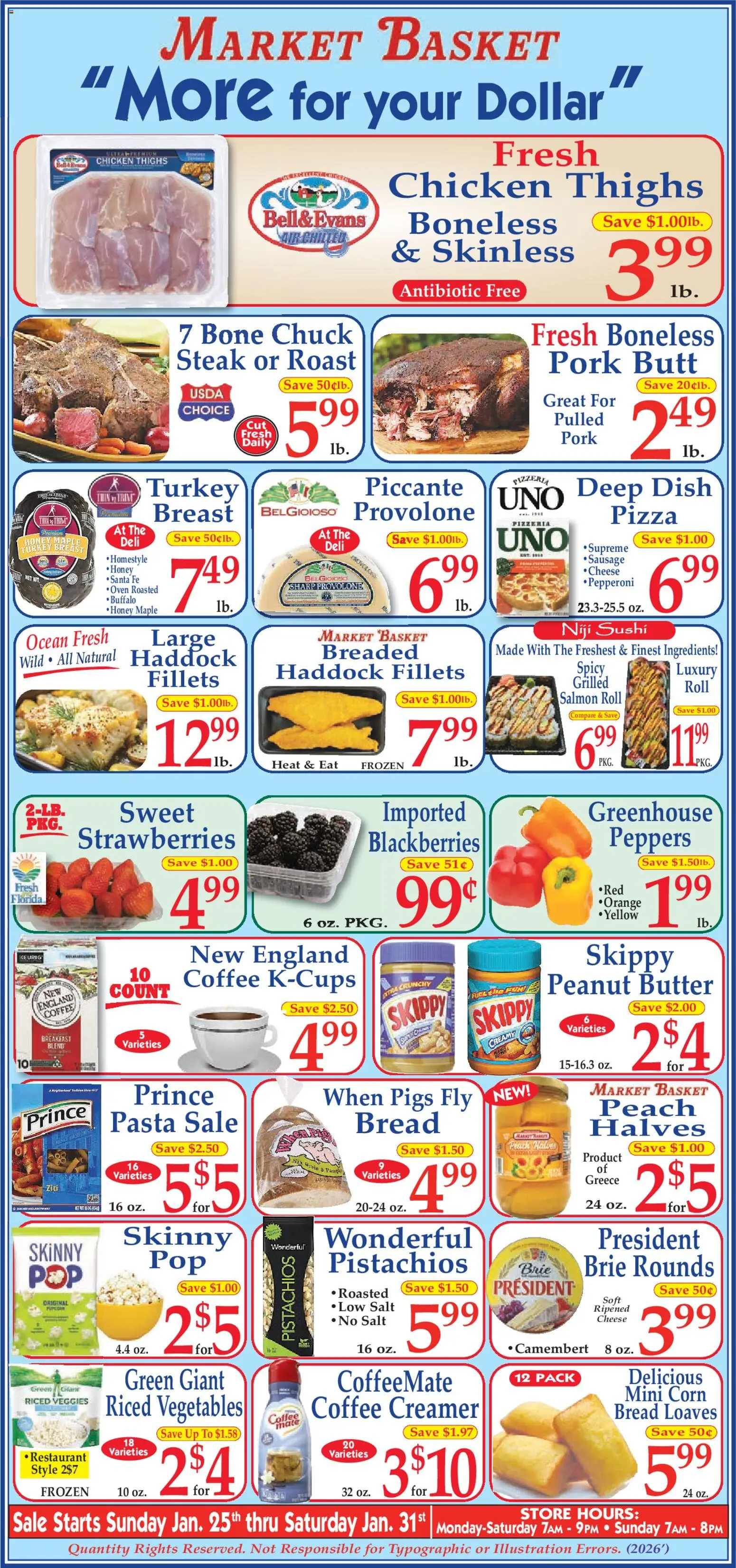 Market Basket Ad - valid from 25.01.2026 | Page: 1 | Products: Corn, Sausage, Peach, Oven