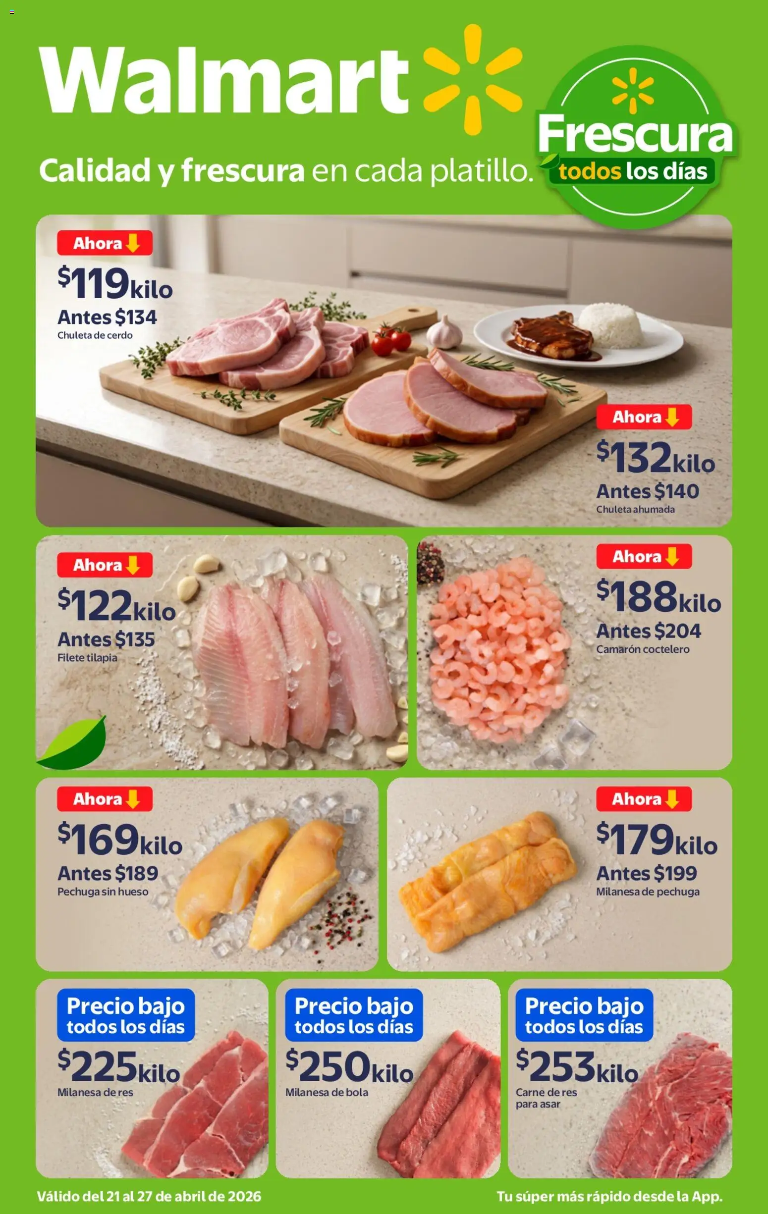Nuevas ofertas de Walmart válidas en toda la República Mexicana desde el 21.04.2026. ¡Encuentra las mejores ofertas en Walmart folleto Calidad y precios bajos! | Página: 3 | Productos: Milanesa, Cerdo, Res