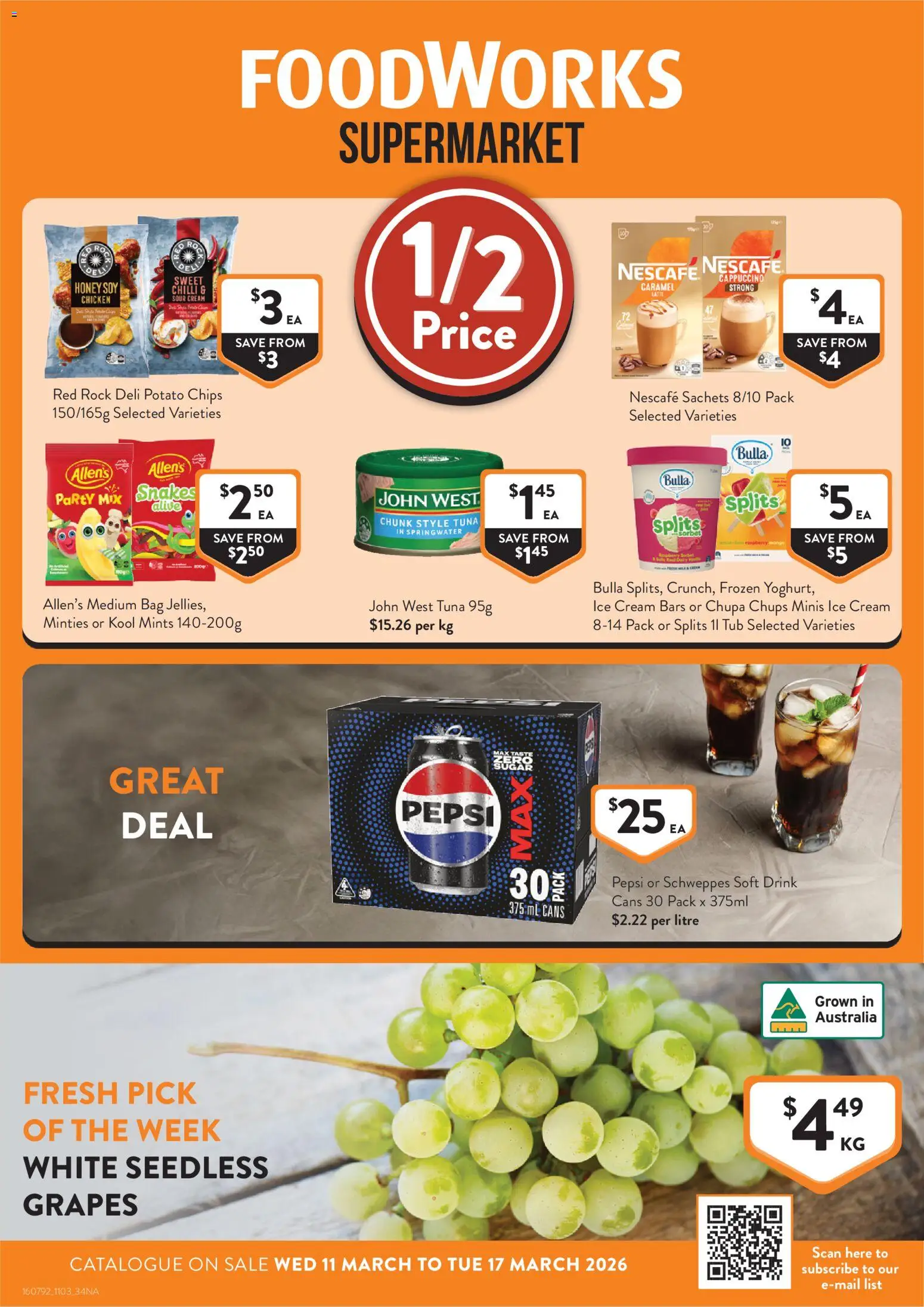Foodworks catalogue - valid from 11.03.2026 | Page: 1 | Products: Honey, Chips, Tuna, Grapes