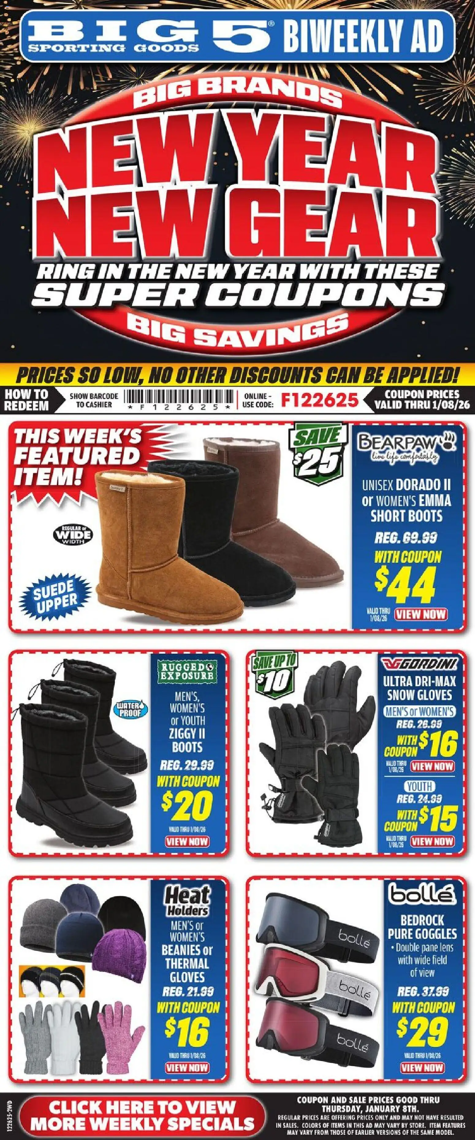 Big 5 Sporting Goods Weekly Ad - valid from 26.12.2025 | Page: 1 | Products: Ring, Water, Boots, Gloves