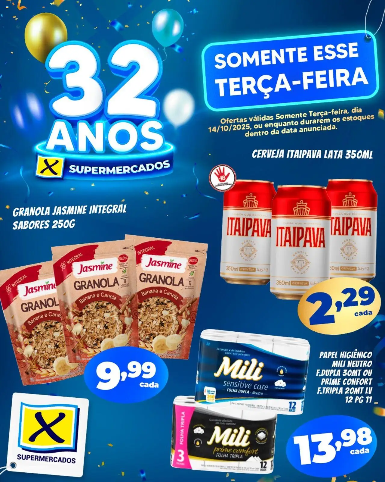 X Supermercados Folheto - válido de 14.10.2025 | Página: 1 | Produtos: Cerveja, Granola, Papel higiênico, Canela
