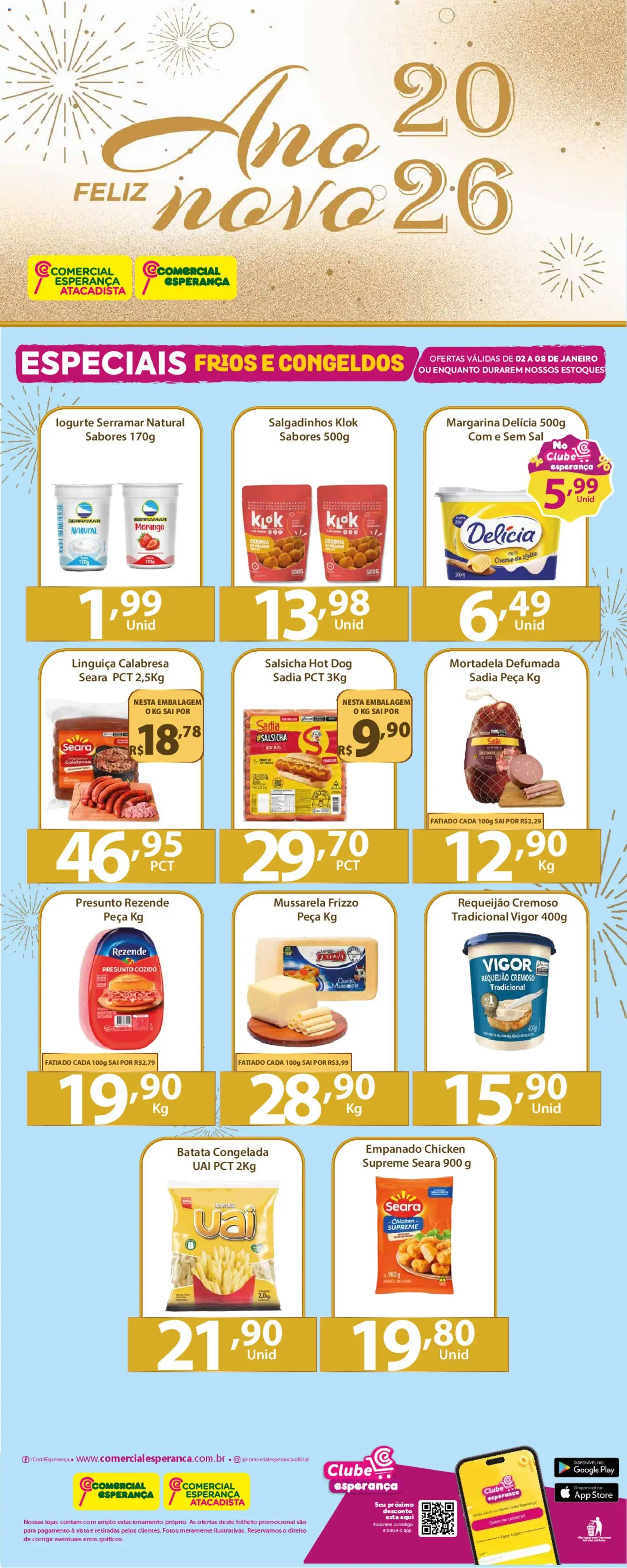 Comercial Esperança Folheto - válido de 02.01.2026 | Página: 1 | Produtos: Salsicha, Mortadela, Salgadinhos, Mussarela