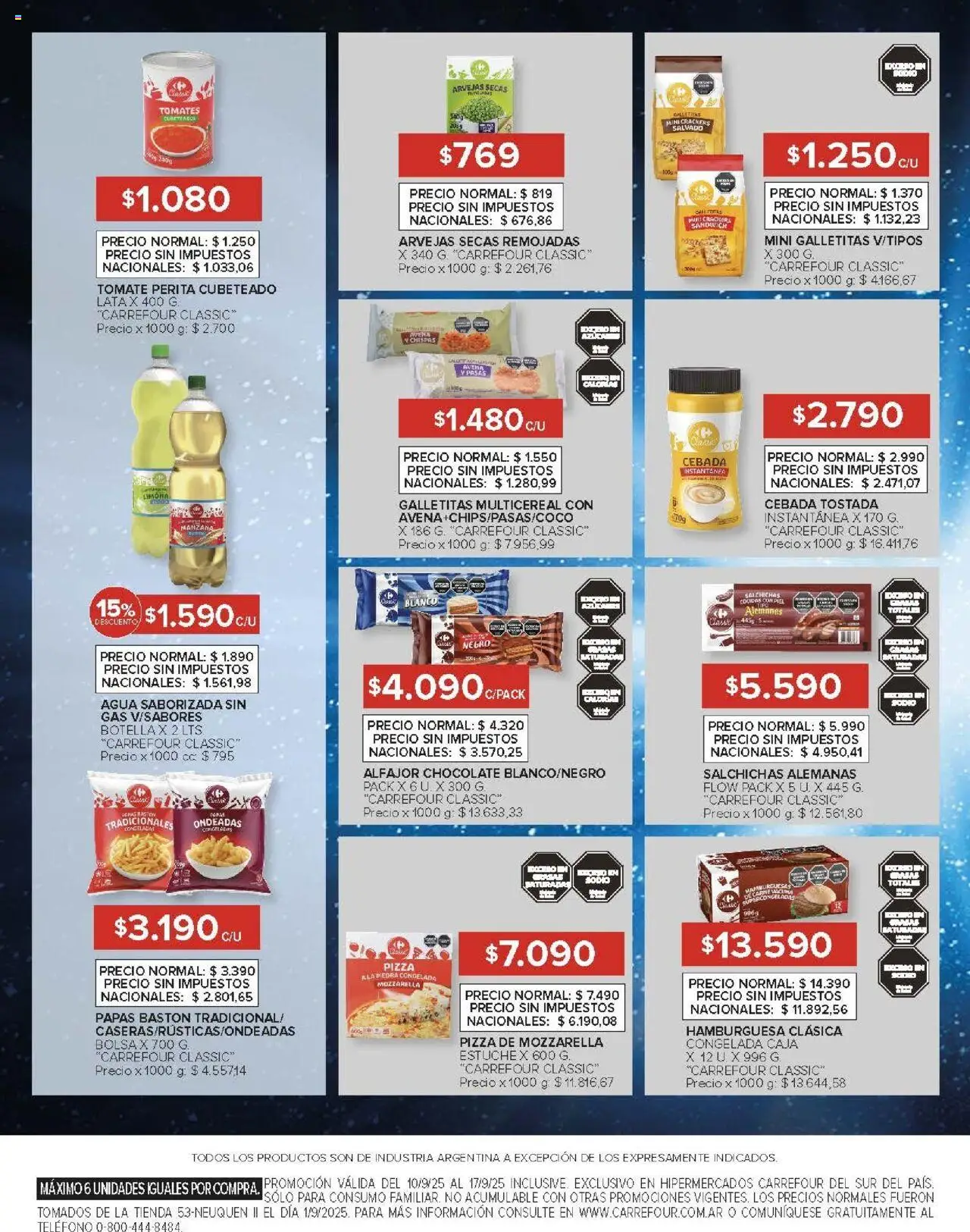 Carrefour ofertas - Chubut │ válido desde el 10.09.2025 | Página: 9 | Productos: Arvejas, Tomate, Pizza, Agua saborizada