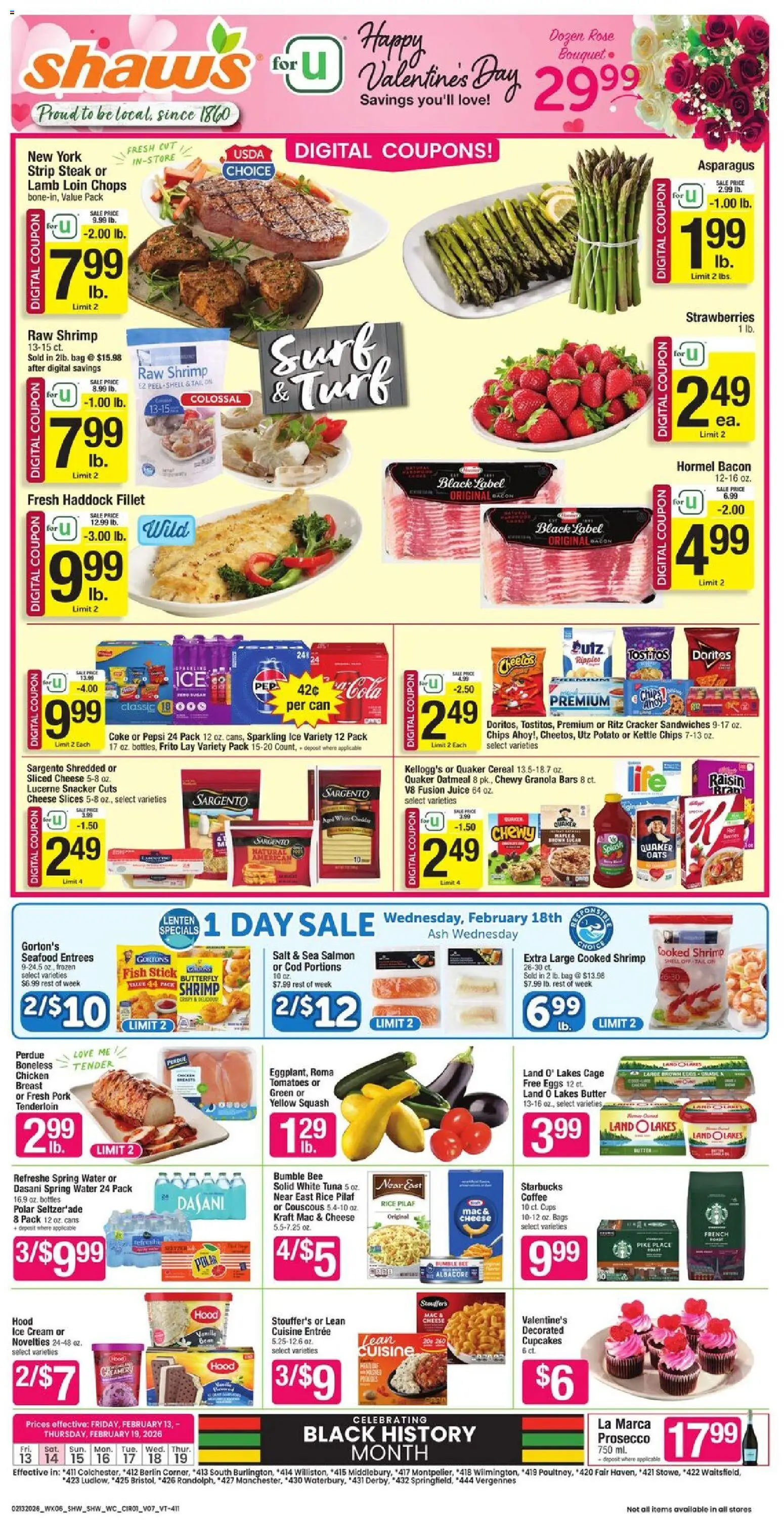 Shaw's Weekly Ad - VT - valid from 13.02.2026 | Page: 1 | Products: Coffee, Pork, Strawberries, Ice cream