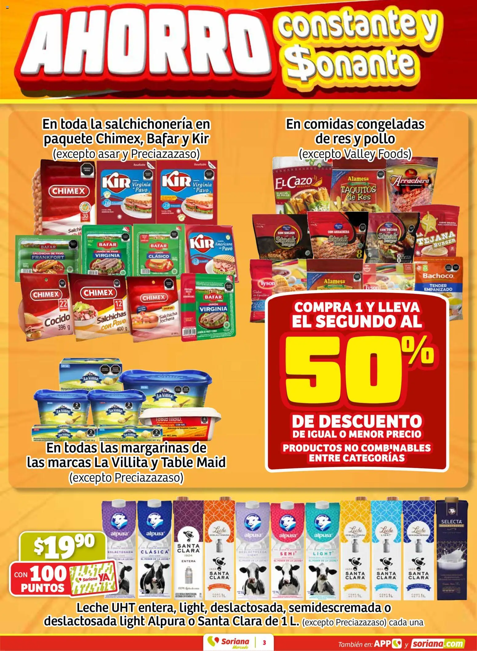 Nuevas ofertas de Soriana Fin de Semana Mercado: Ags, Nay, Jal, Qro, Col, Mich, Gto, Hgo, Tlax, Mor, Pue, Gro, Oax, Edo. de Mex, CDMX, Zac y SLP válidas en toda la República Mexicana desde el 19.03.2026. ¡Encuentra las mejores ofertas en Soriana Fin de Semana Mercado: Ags, Nay, Jal, Qro, Col, Mich, Gto, Hgo, Tlax, Mor, Pue, Gro, Oax, Edo. de Mex, CDMX, Zac y SLP! | Página: 3 | Productos: Tocino, Salchicha, Leche, Jamón