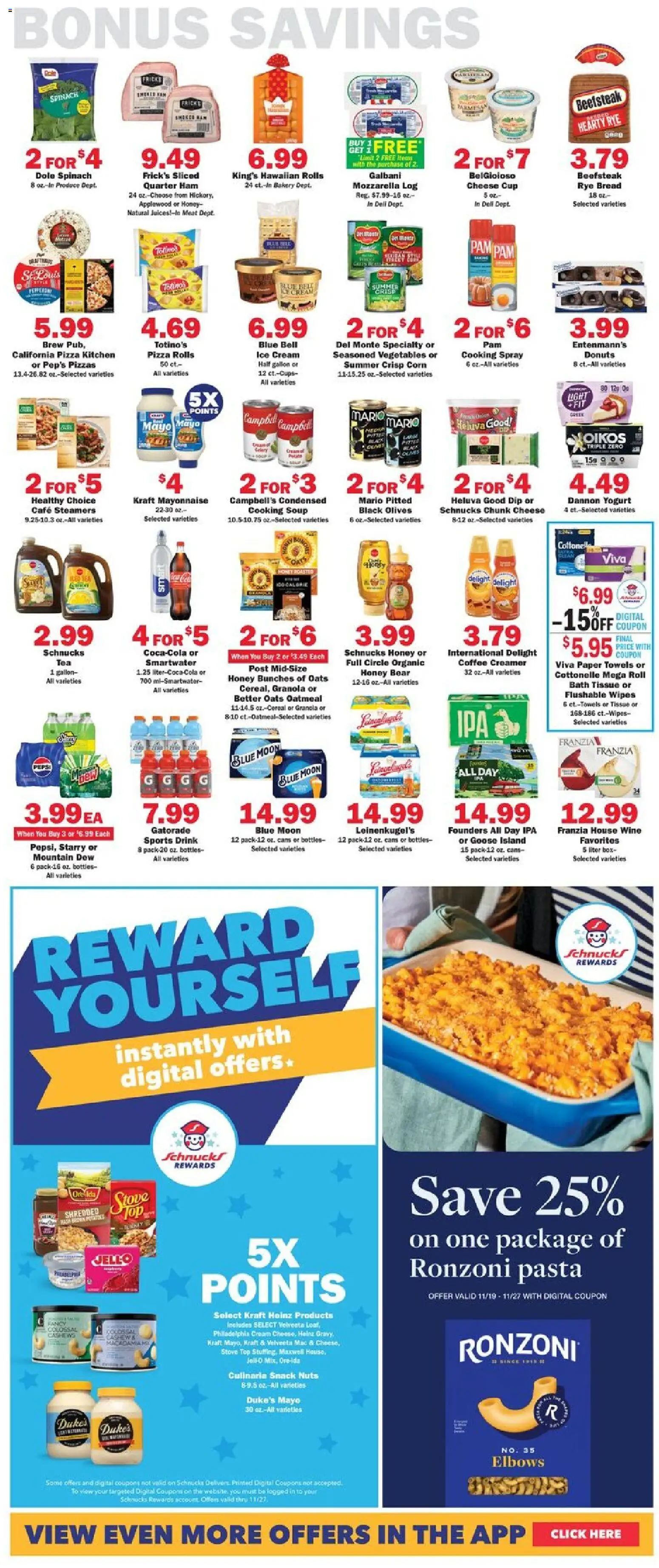 Schnucks Weekly Ad - valid from 19.11.2025 | Page: 5 | Products: Spinach, Wine, Pasta, Nuts