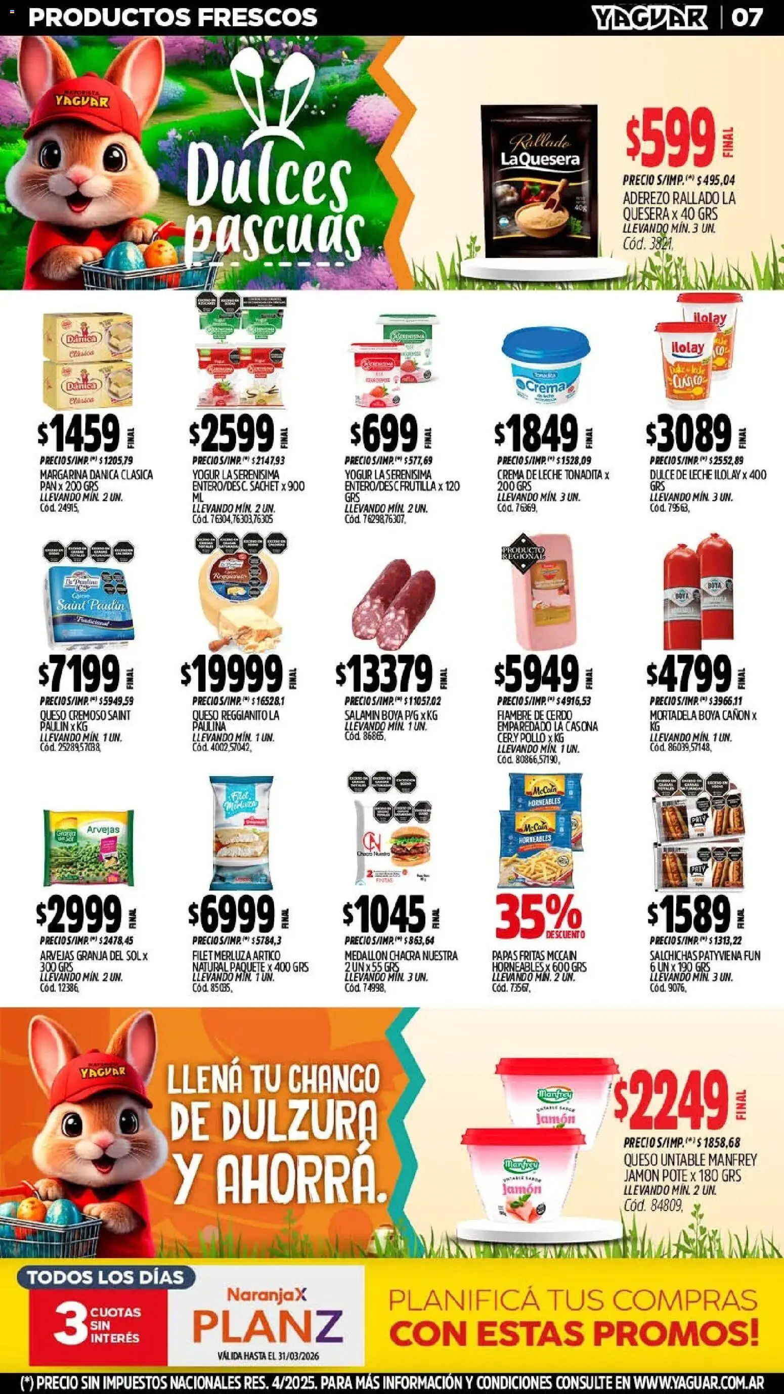 Yaguar - Oferta Semanal Jujuy │ válido desde el 23.03.2026 | Página: 7 | Productos: Crema de leche, Dulce de leche, Cerdo, Margarina