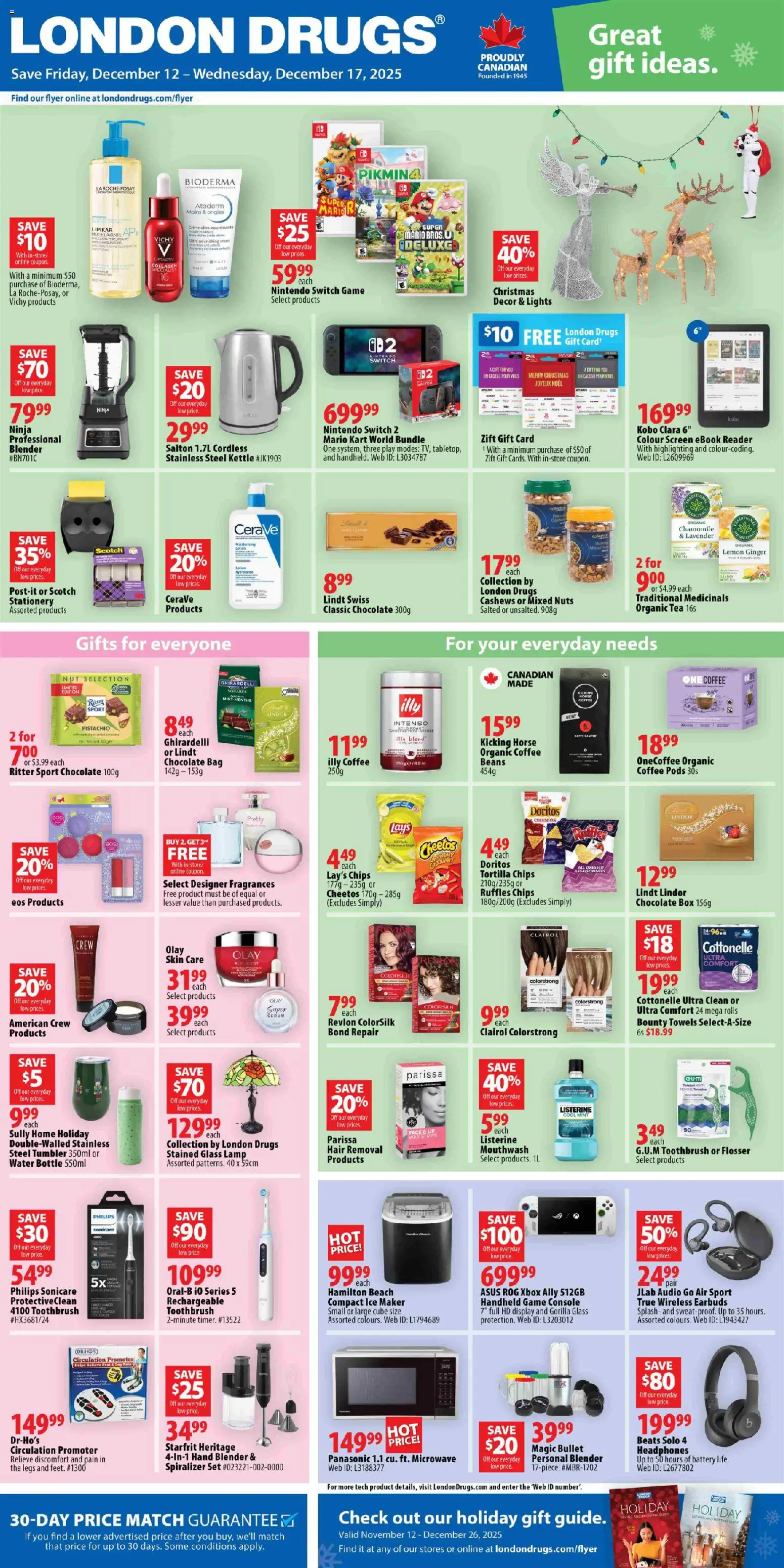 London Drugs flyer valid from 12.12.2025 | Page: 1 | Products: Tea, Game console, Bag, Lamp