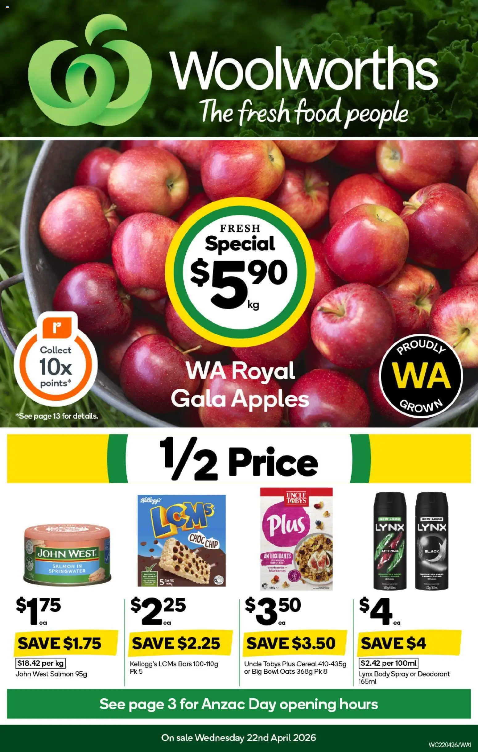 Woolworths catalogue - valid from 22.04.2026 | Page: 1 | Products: Deodorant, Oats, Cereal, Salmon