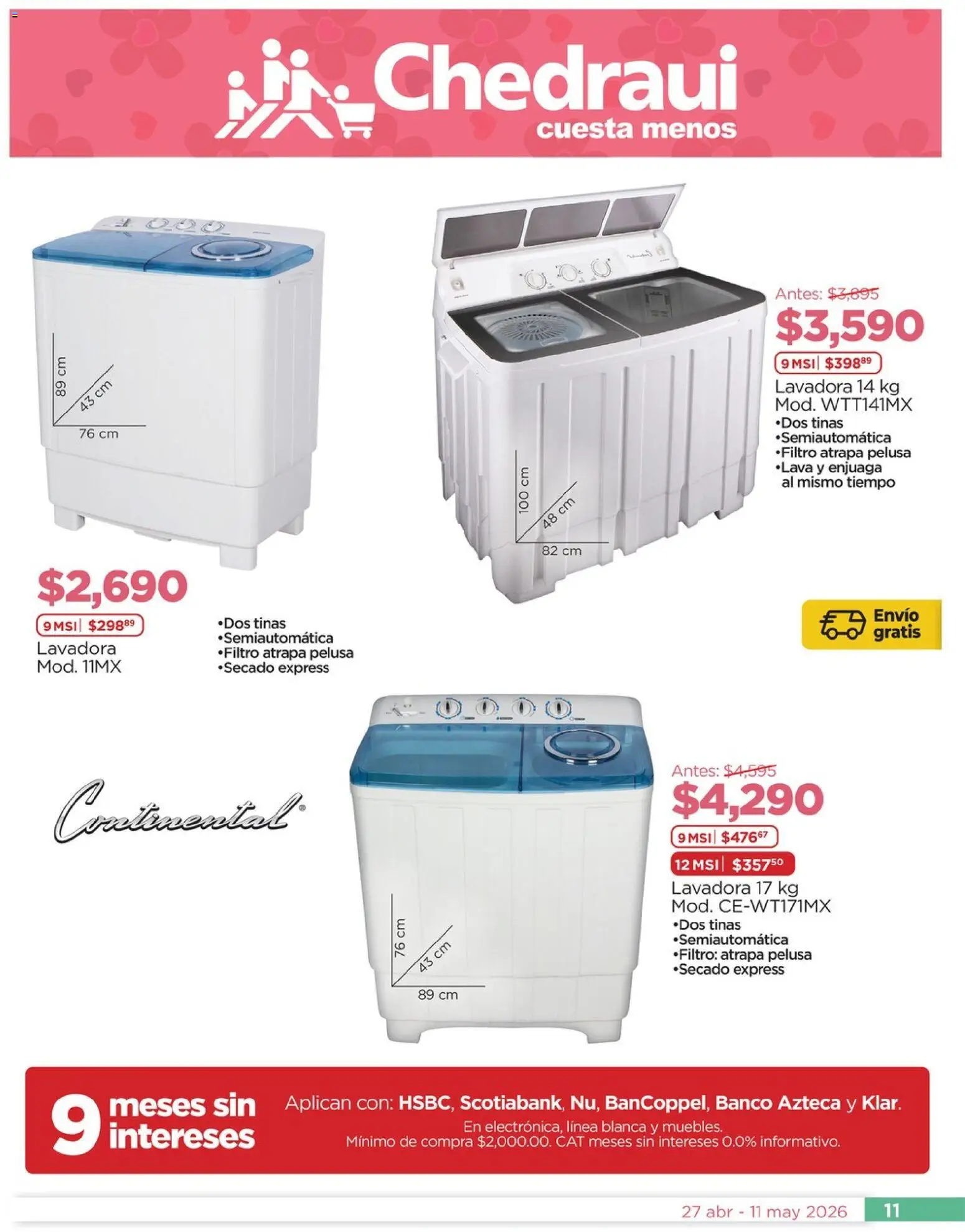 Nuevas ofertas de Chedraui válidas en toda la República Mexicana desde el 27.04.2026. ¡Encuentra las mejores ofertas en Chedraui folleto Lo mejor para festejar a mamá! | Página: 11 | Productos: Lavadora, Banco