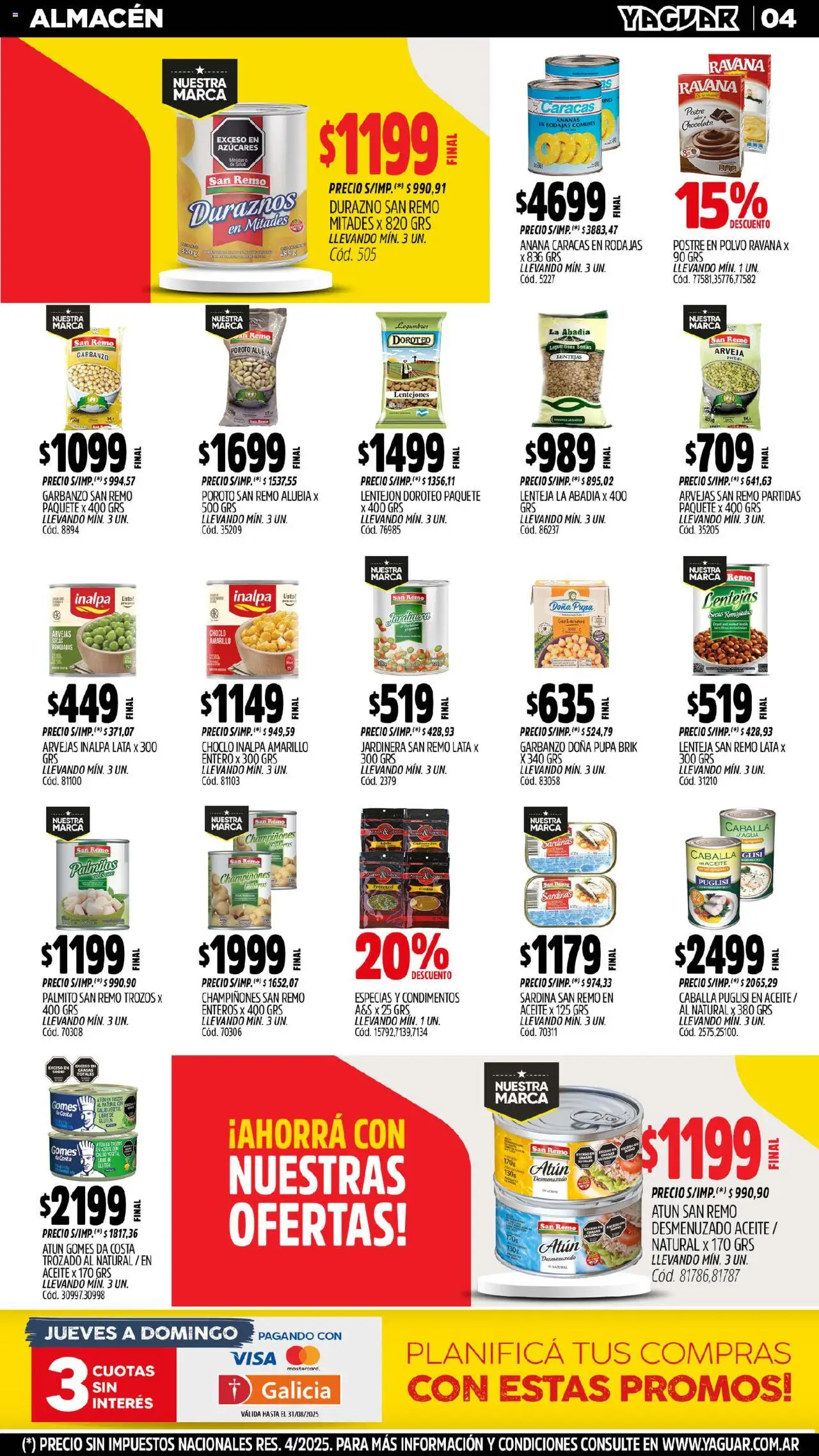 Yaguar catálogo │ válido desde el 18.08.2025 | Página: 4 | Productos: Durazno, Aceite, Arvejas, Ananá