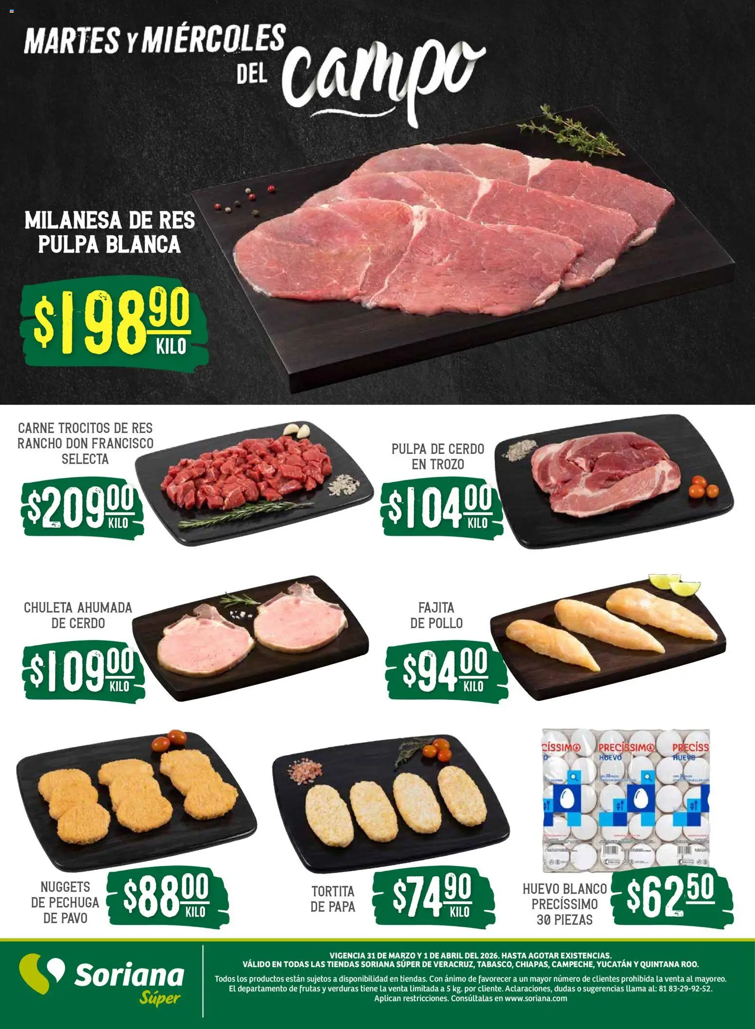 Nuevas ofertas de Soriana válidas en toda la República Mexicana desde el 31.03.2026. ¡Encuentra las mejores ofertas en Soriana Martes y Miércoles del Campo Súper: Ver, Tab, Chis, Camp, Yuc y Q. Roo! | Página: 5 | Productos: Milanesa, Papa, Huevo, Cerdo
