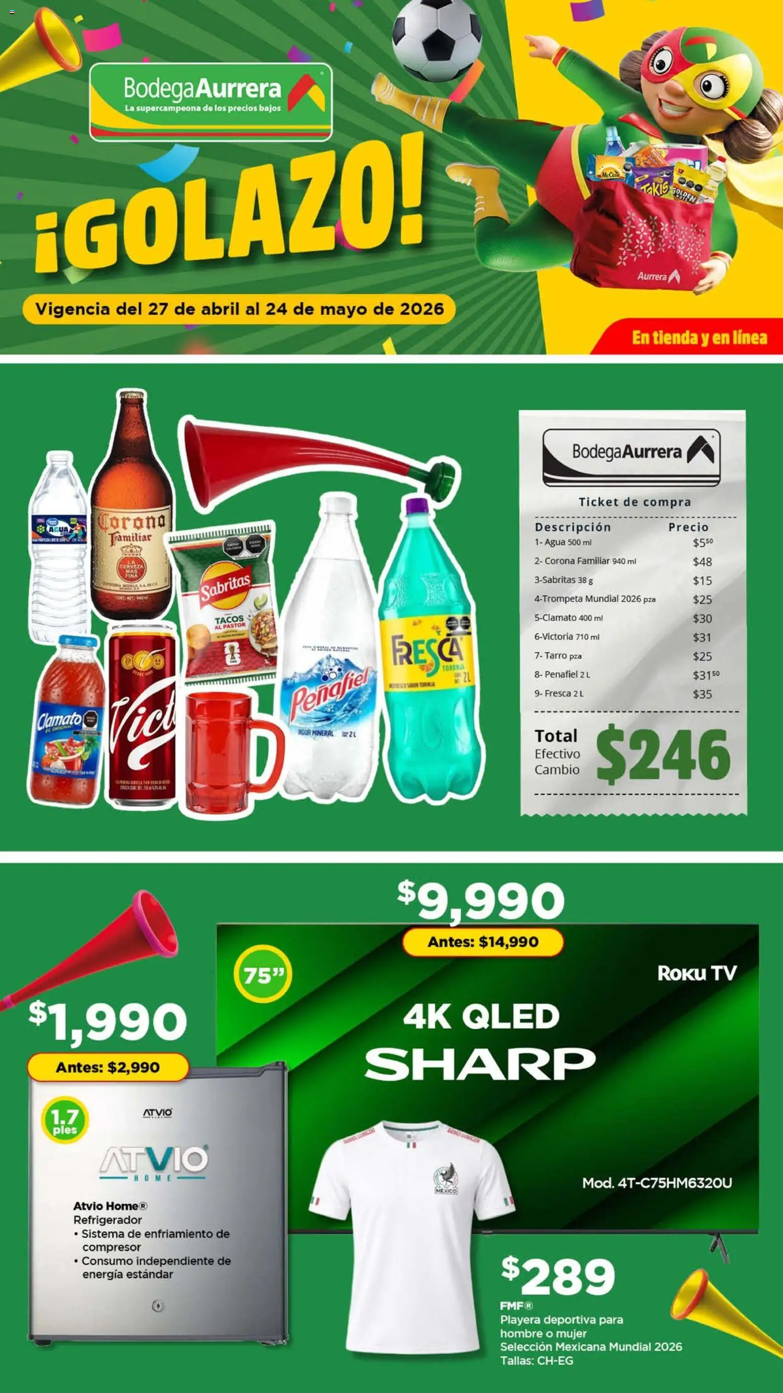 Nuevas ofertas de Bodega Aurrerá válidas en toda la República Mexicana desde el 27.04.2026. ¡Encuentra las mejores ofertas en Bodega Aurrerá folleto Golazo! | Página: 1 | Productos: Refrigerador, Agua, Cerveza, Playera