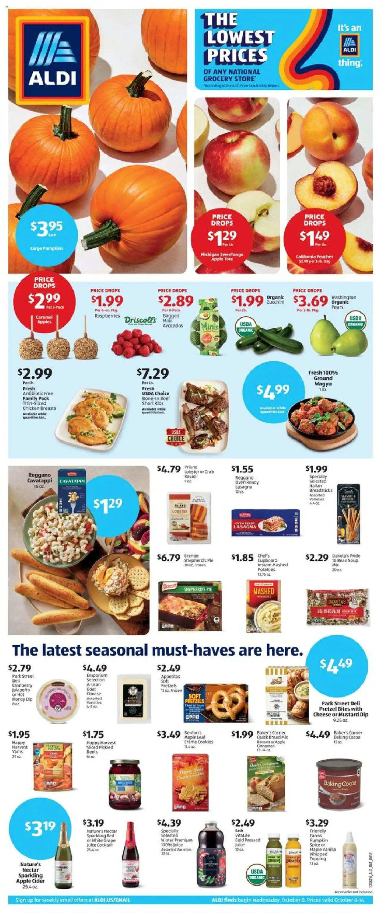 Aldi Weekly Ad - valid from 08.10.2025 | Page: 1 | Products: Peaches, Zucchini, Cheese, Pumpkin