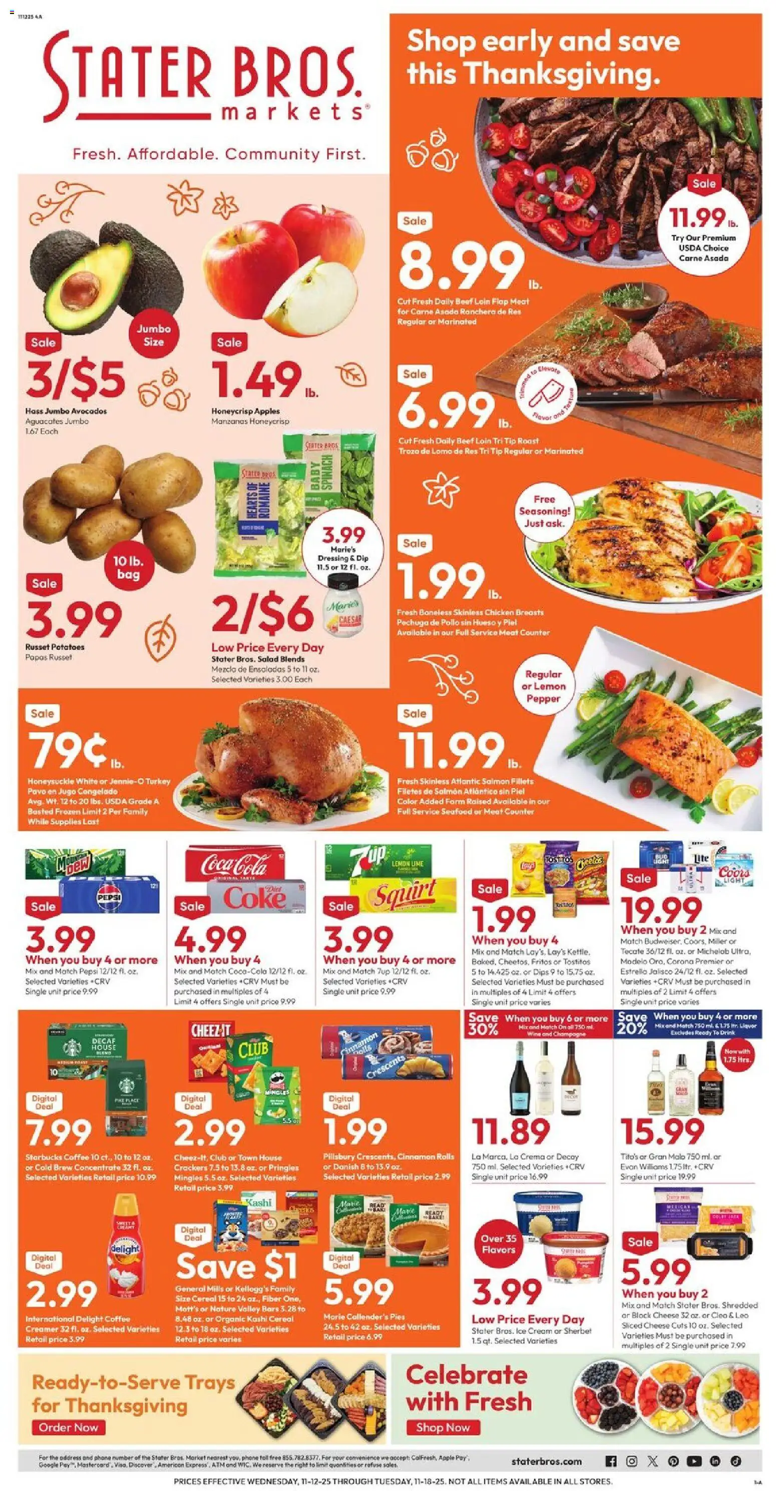 Stater Bros Weekly Ad - valid from 12.11.2025 | Page: 1 | Products: Cheese, Coffee, Potatoes, Lemon
