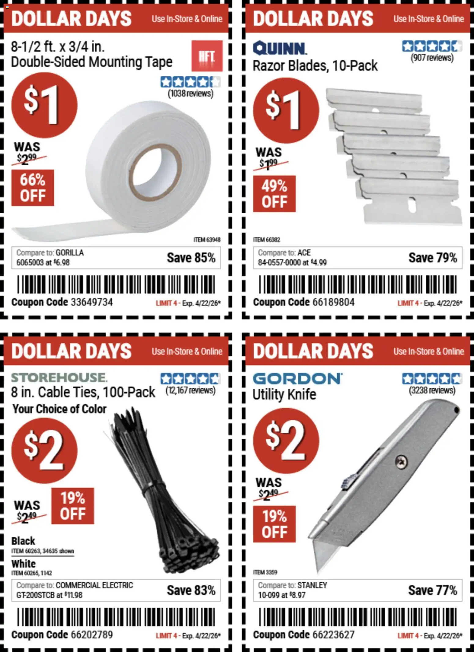 Harbor Freight Dollar Days - valid from 09.04.2026 | Page: 4 | Products: Utility Knife, Cable