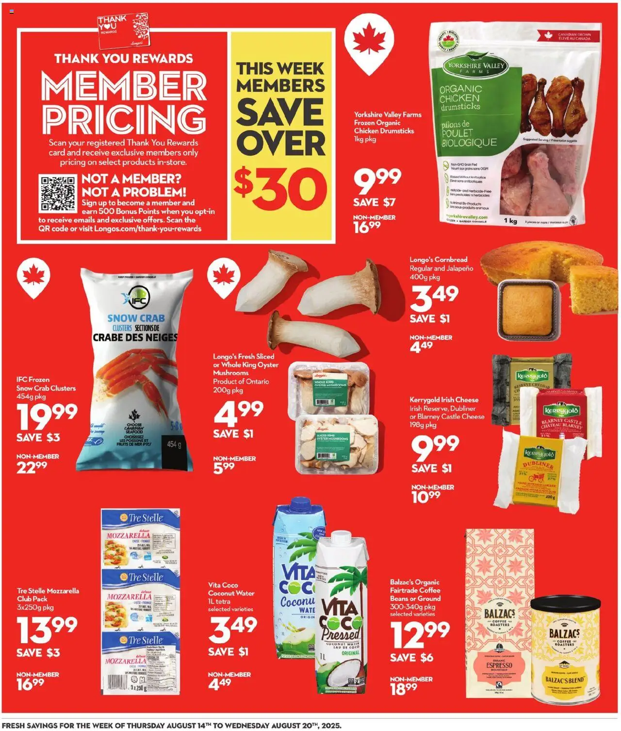 Longo's flyer valid from 14.08.2025 | Page: 4 | Products: Cheese, Coffee, Chicken