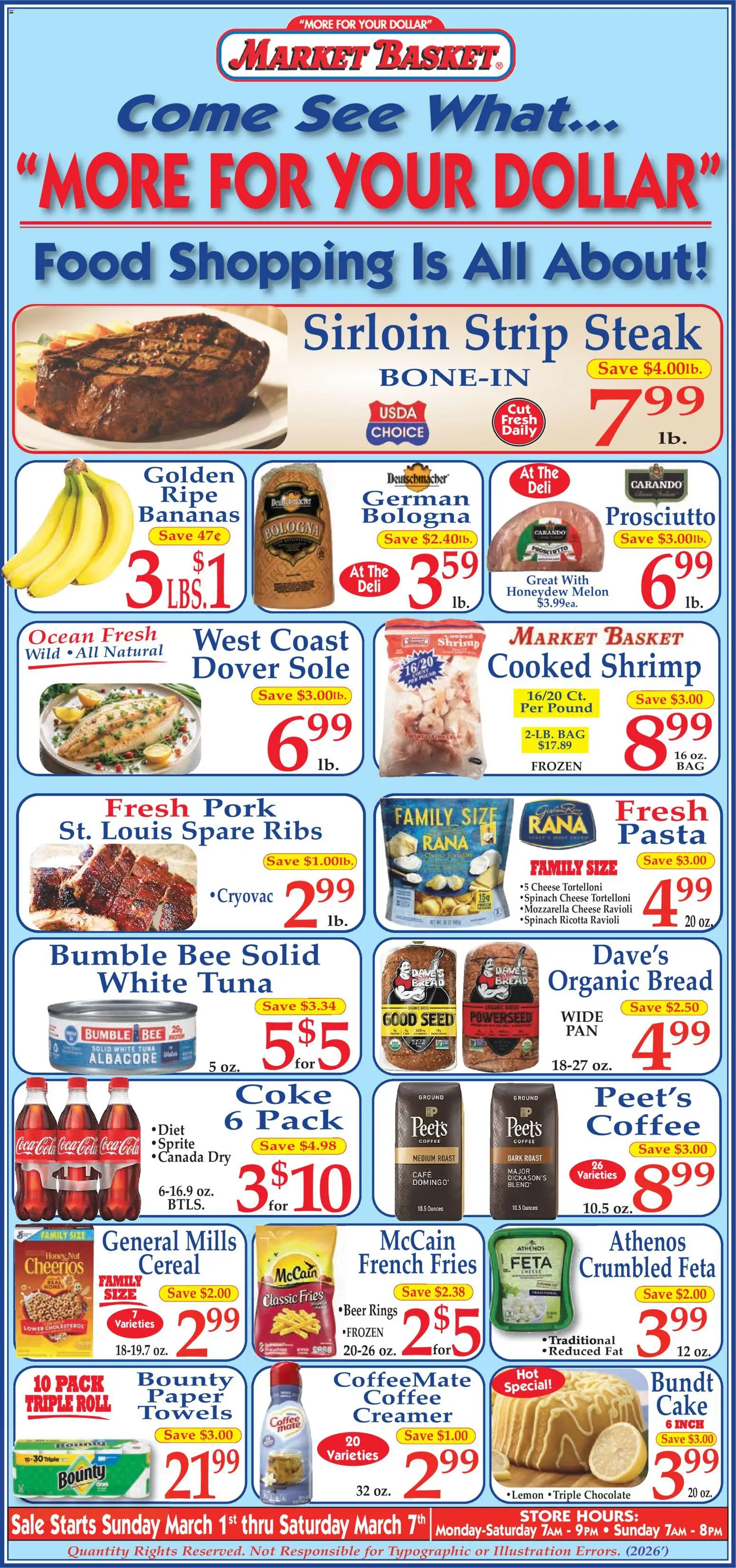 Market Basket Ad - valid from 01.03.2026 | Page: 1 | Products: Bread, Pork, Melon, Bag
