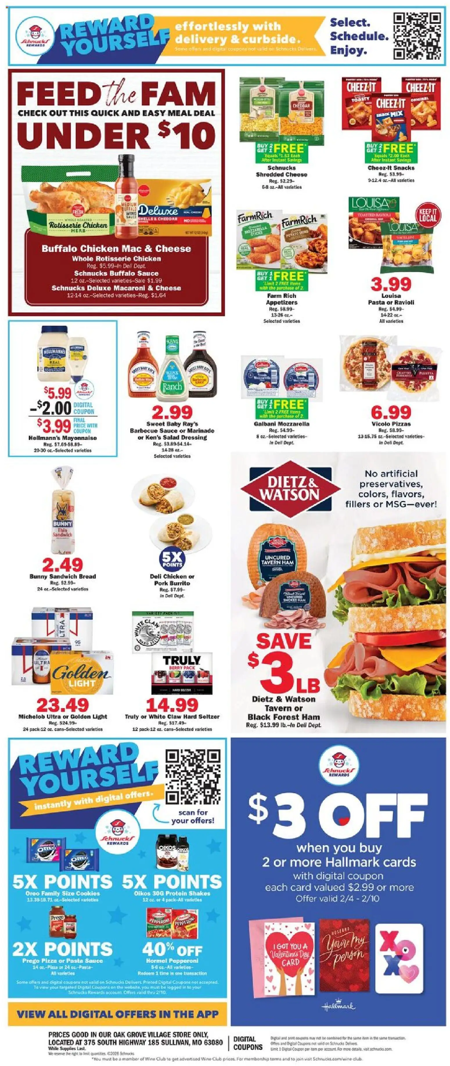 Schnucks Weekly Print Ad - MO - valid from 04.02.2026 | Page: 2 | Products: Cheese, Wine, Pork, Salad